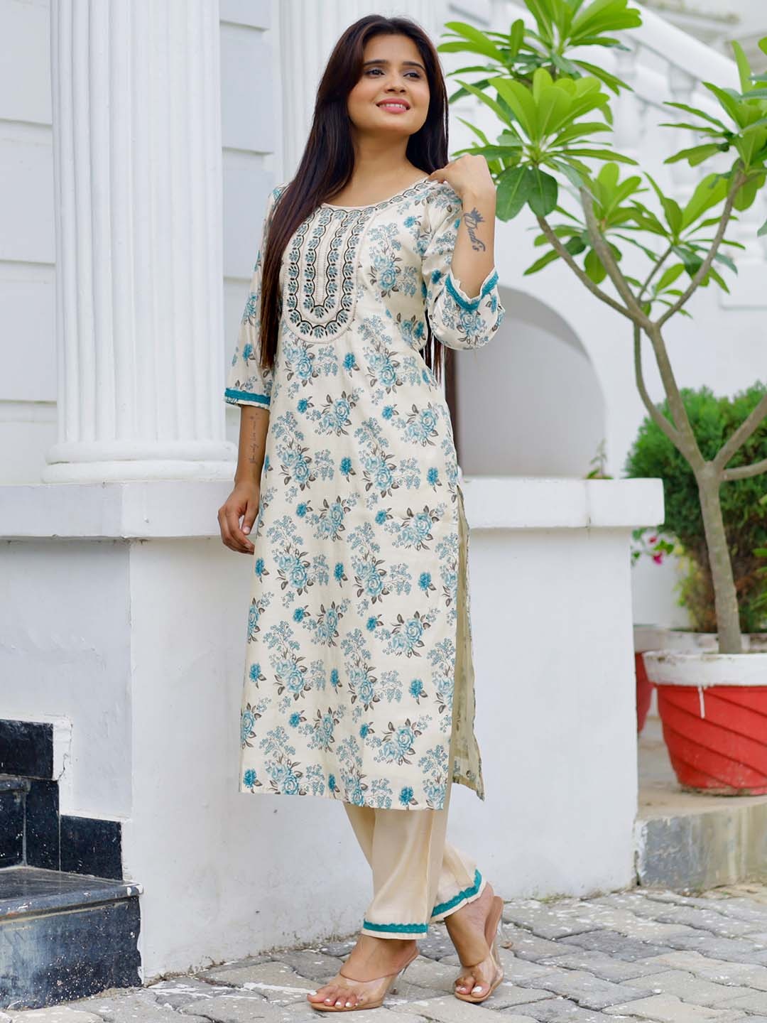 

Libas Floral Printed Regular Chanderi Silk Kurta with Palazzos, Beige