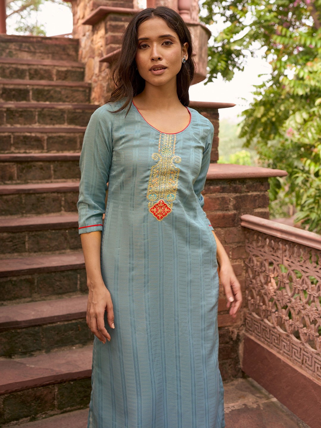 

Libas Blue Ethnic Motifs Yoke Design Sequinned Jacquard Silk Straight Kurta