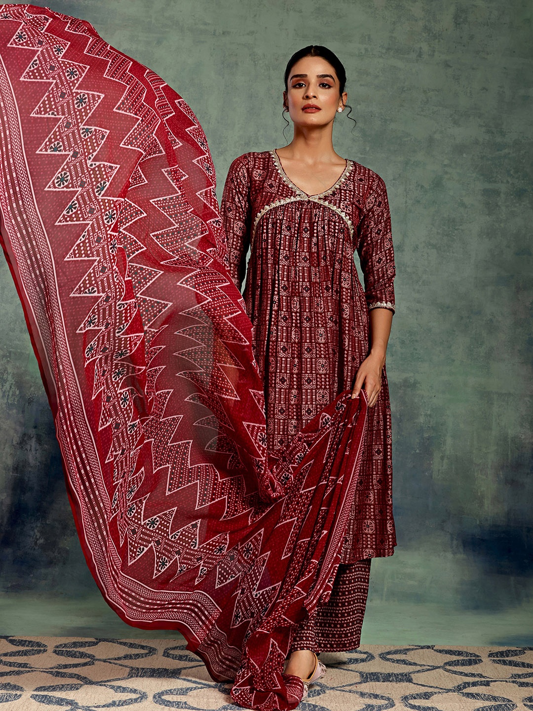 

Libas Ethnic Motifs Printed Empire Gotta Patti Kurta with Palazzos & With Dupatta, Maroon