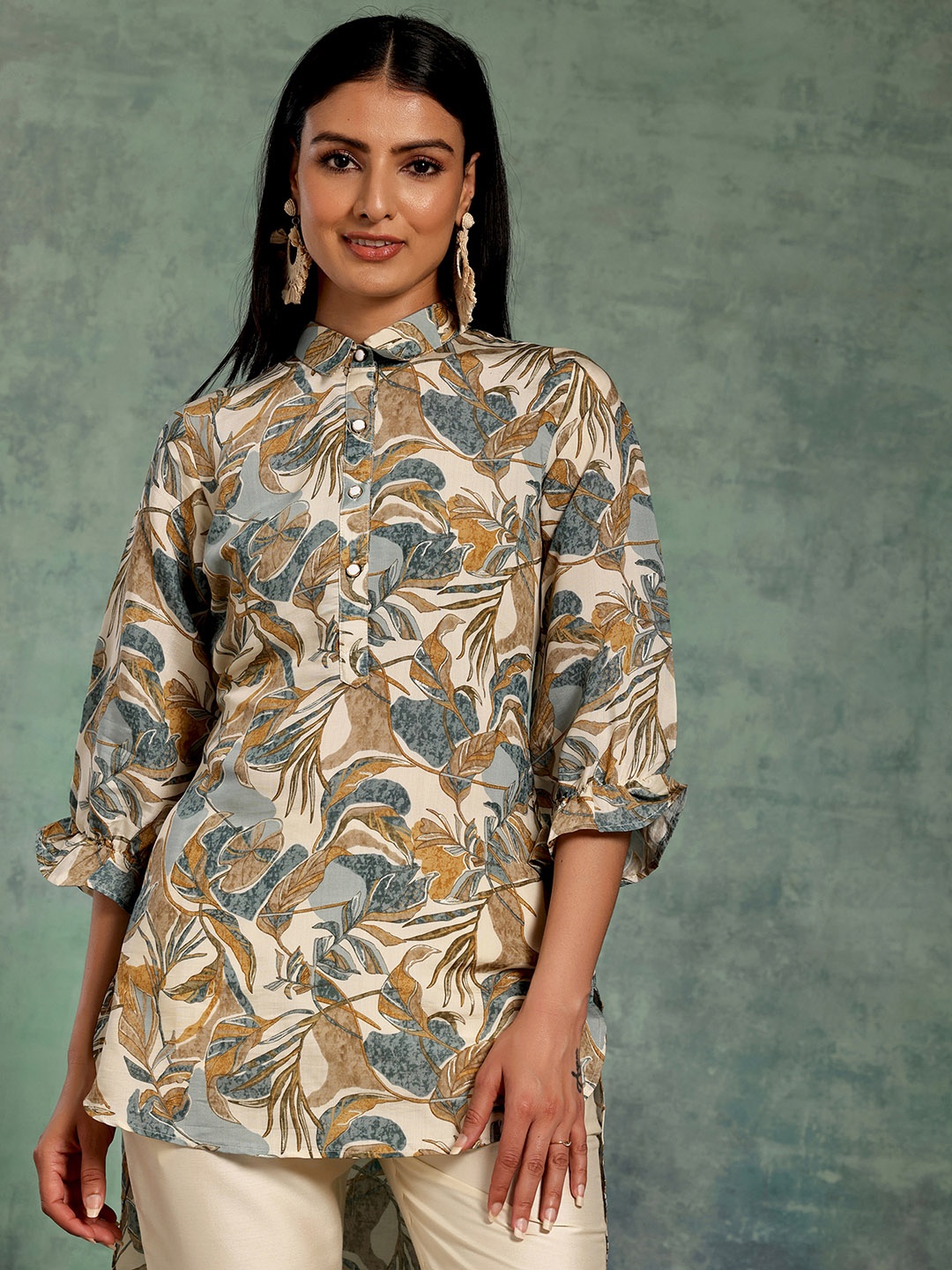 

Libas Floral Printed Bell Sleeves Shirt Collar Kurti, Beige