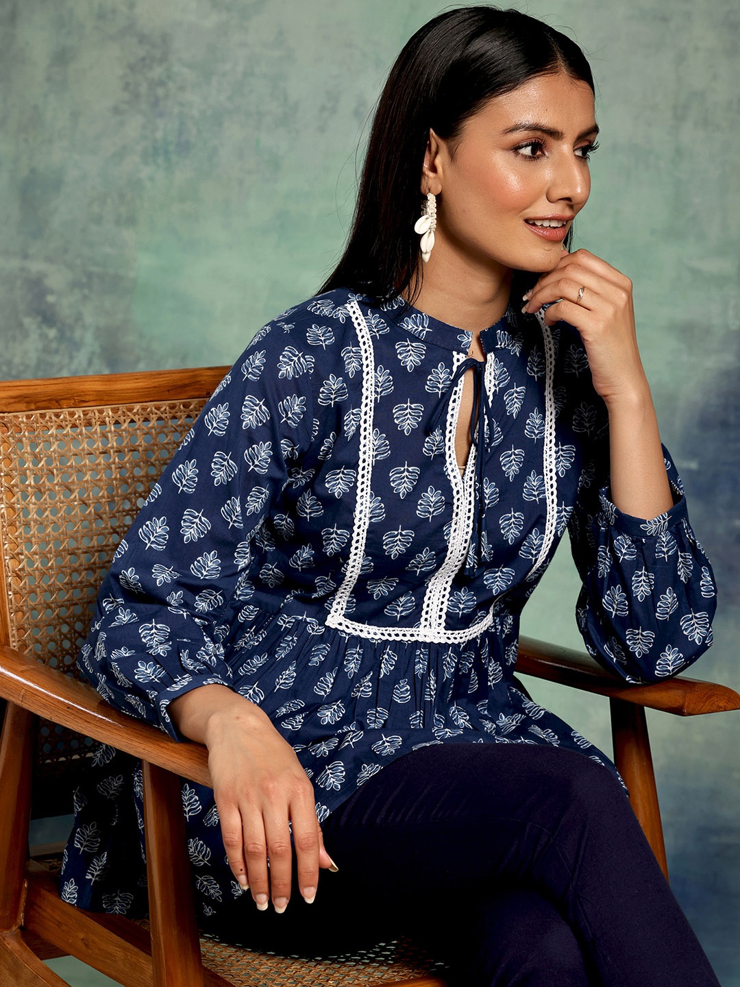 

Libas Floral Printed Yoke Design Pure Cotton Pleated Kurti, Blue