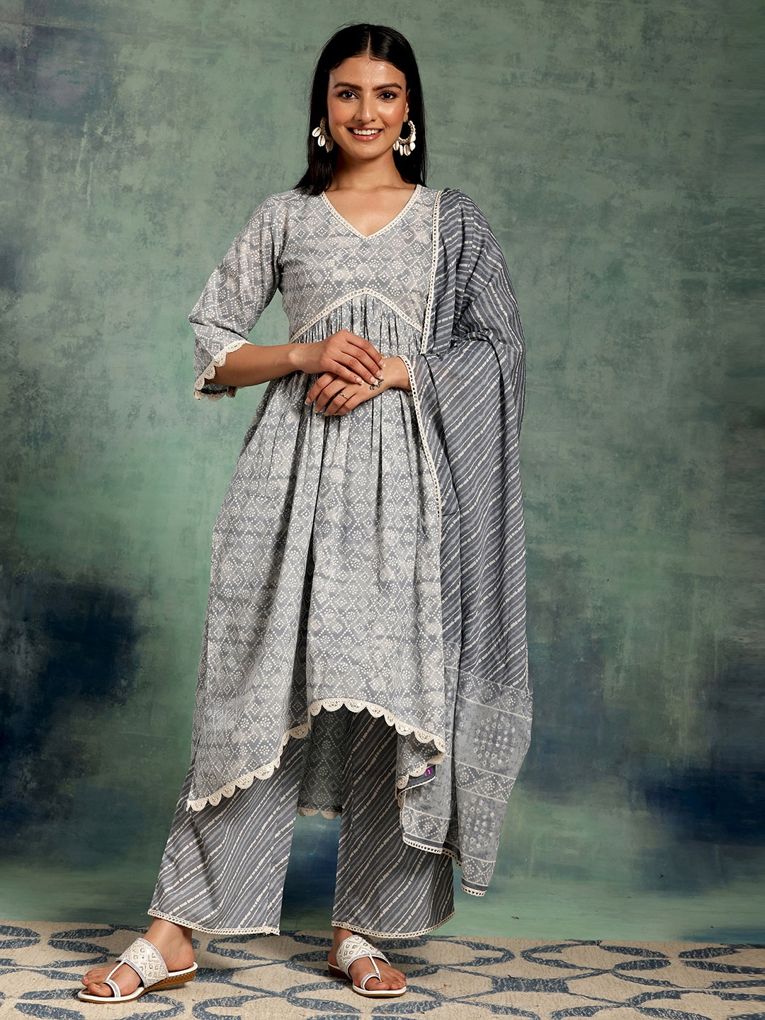 

Libas Bandhani Printed Pleated Pure Cotton Kurta with Palazzos & With Dupatta, Grey