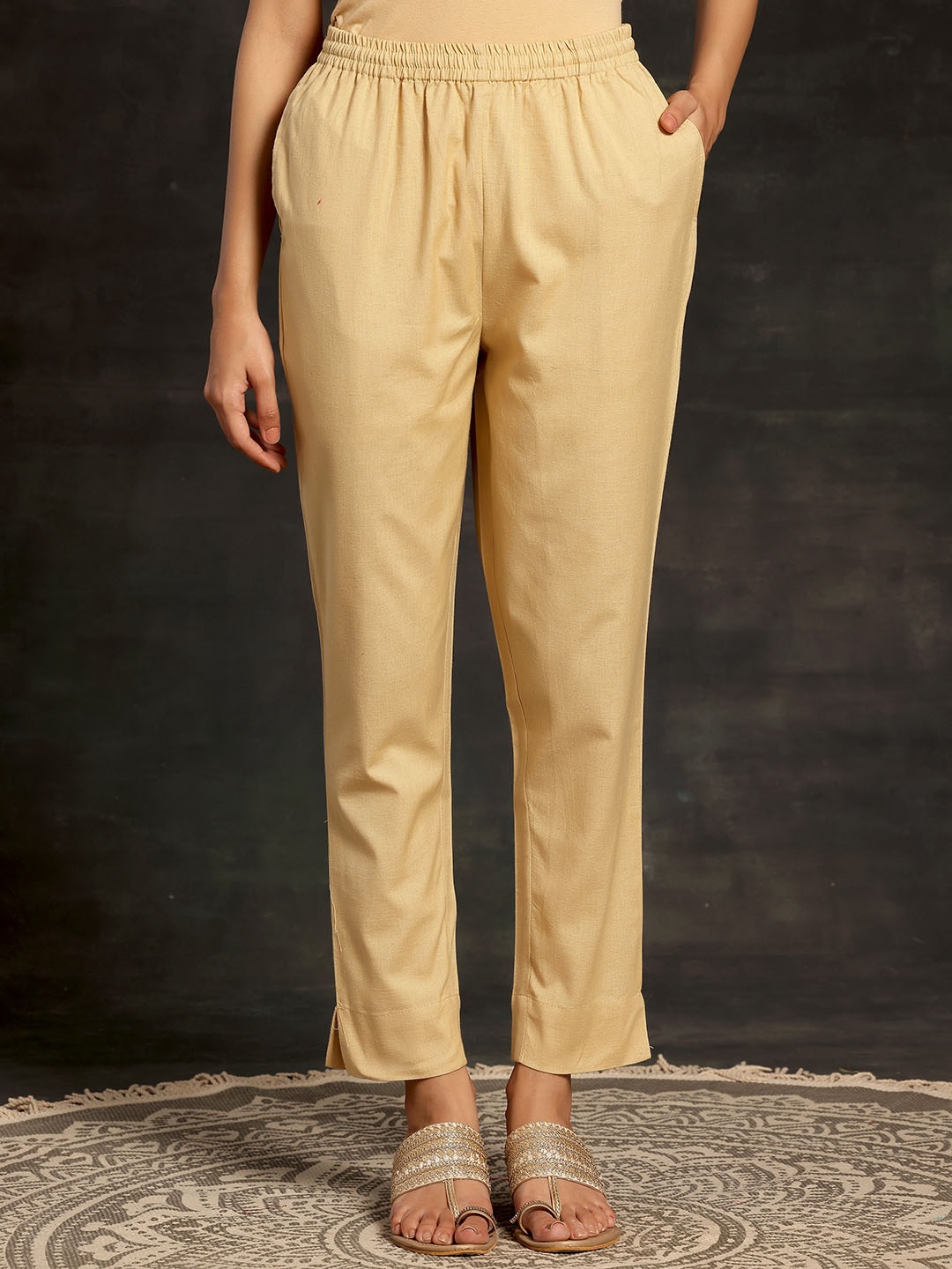 

Libas Cream Women Straight Fit Mid-Rise Cotton Trousers