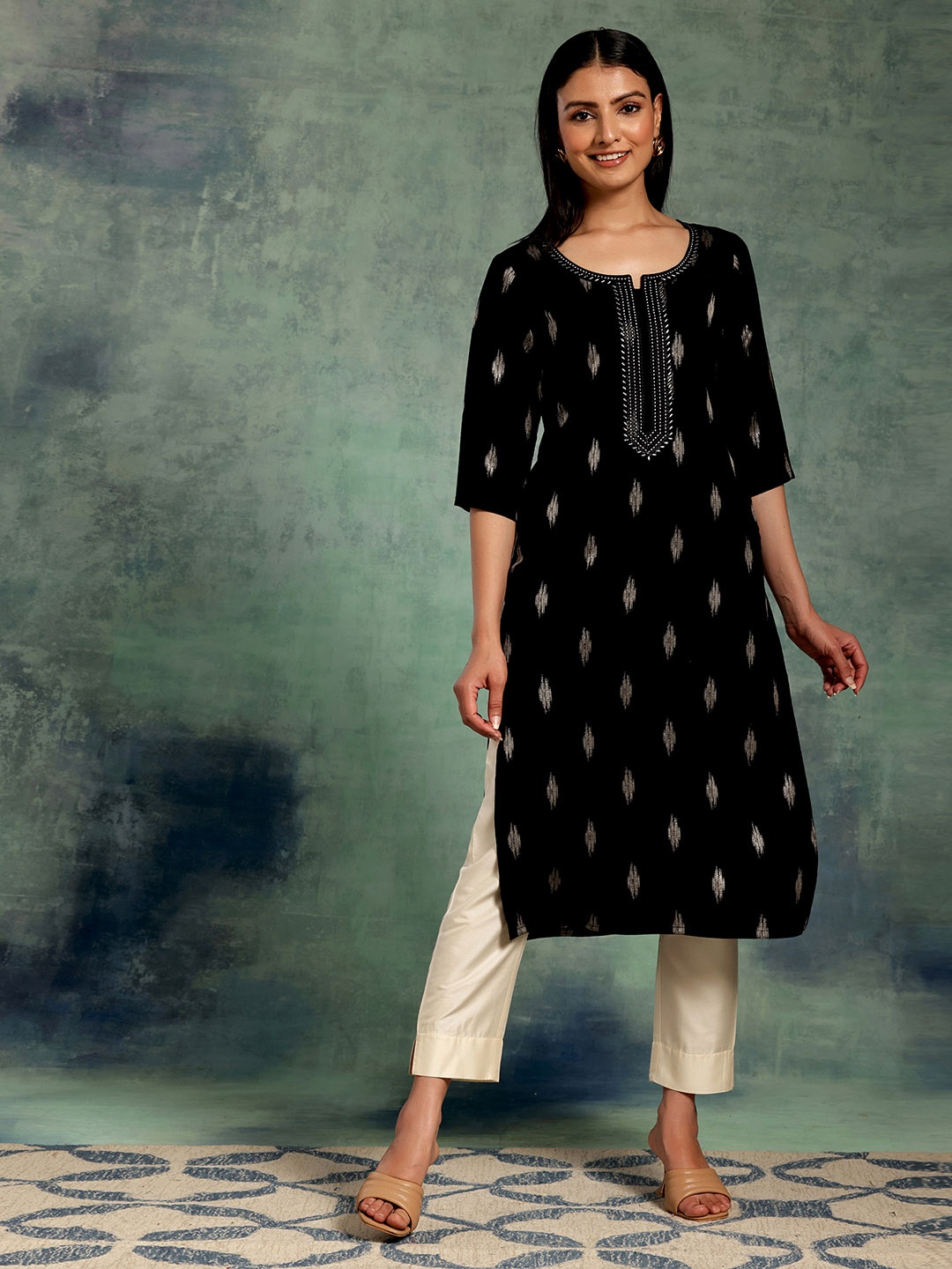 

Libas Woven Design Embroidered Round Neck Regular Sleeves Kurta, Black