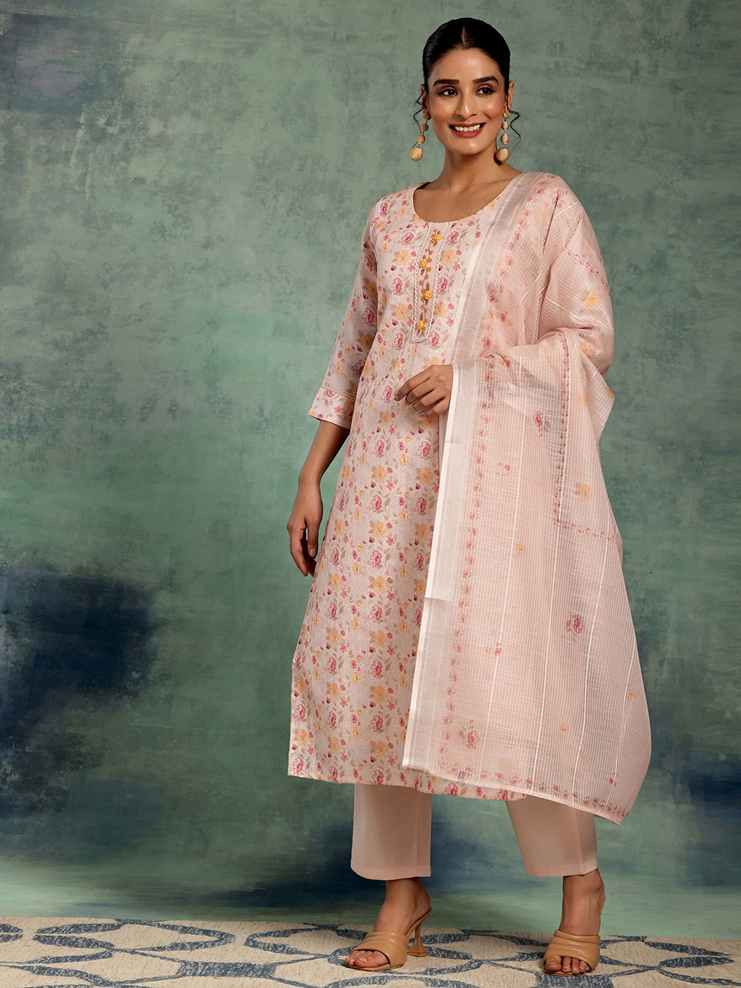 

Libas Floral Printed Regular Thread Work Pure Cotton Kurta with Trousers & Dupatta, Peach