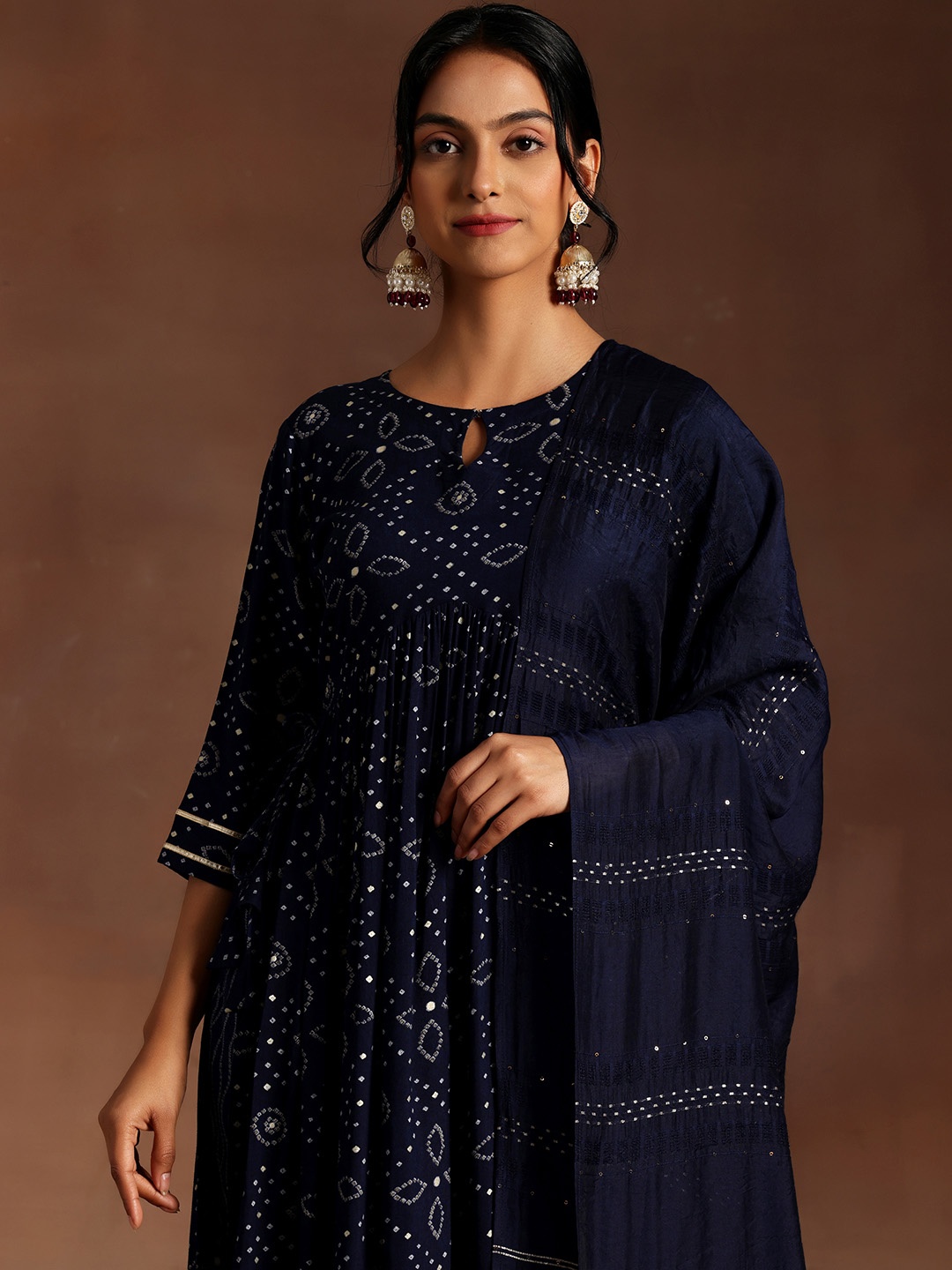 

Libas Bandhani Printed Keyhole Neck Pleated Gotta Patti Kurta with Palazzos & Dupatta, Blue