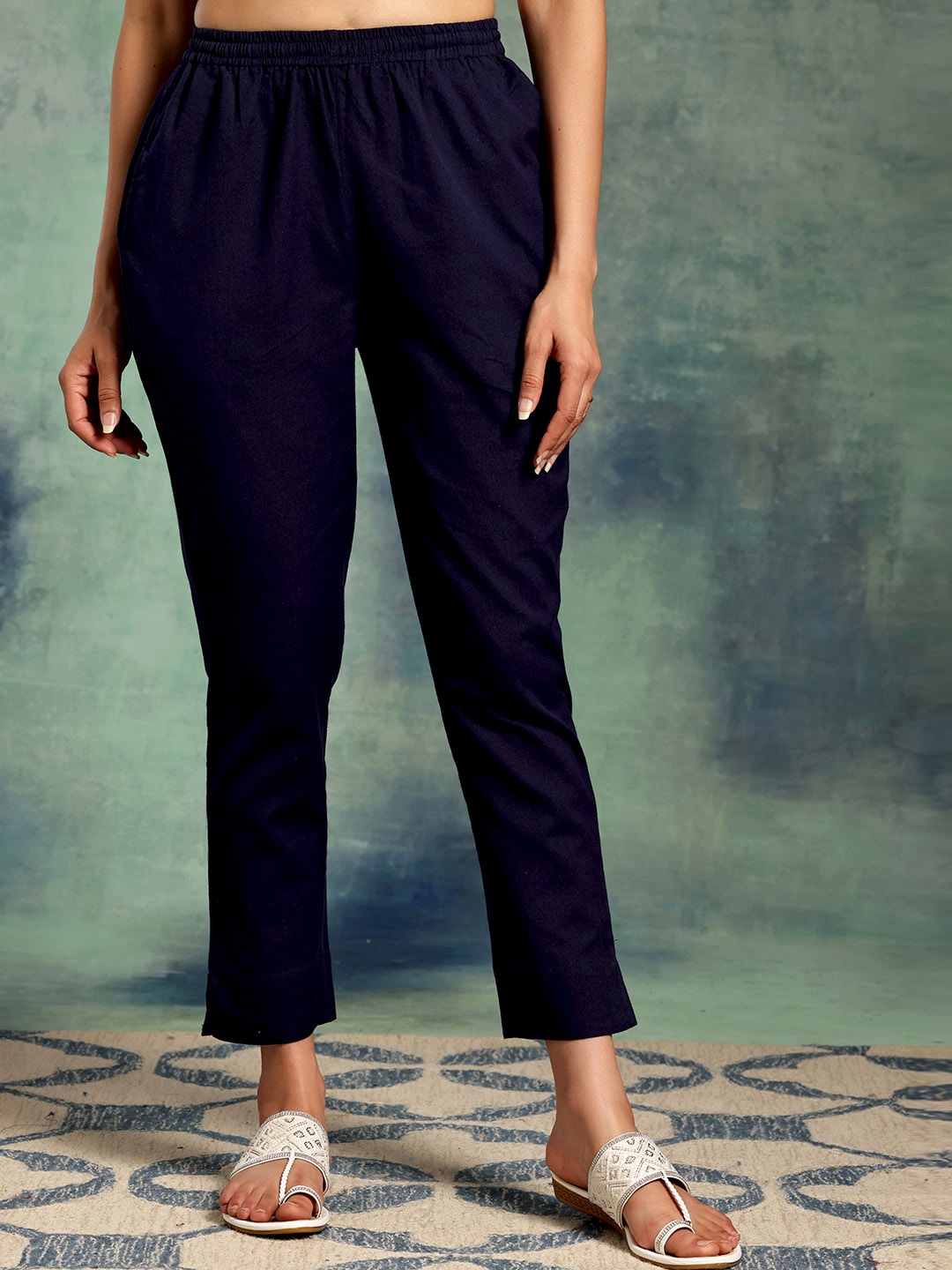 

Libas Blue Women Straight Fit Mid-Rise Cotton Trousers, Navy blue