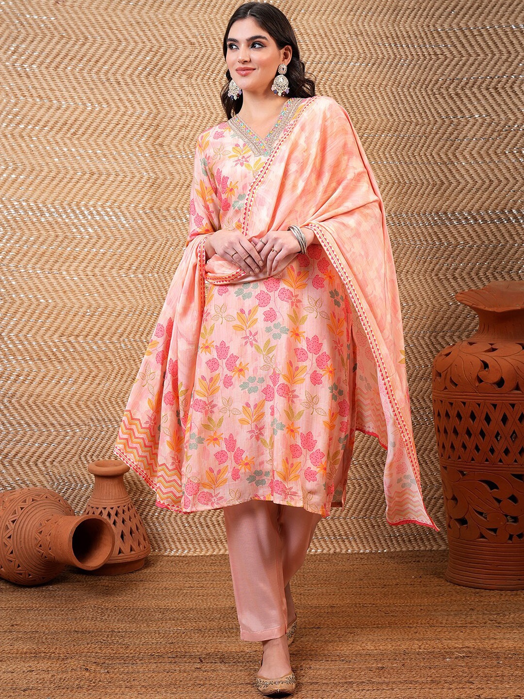 

Vishudh Floral Printed Regular Pure Cotton Kurta With Trousers & Dupatta, Pink