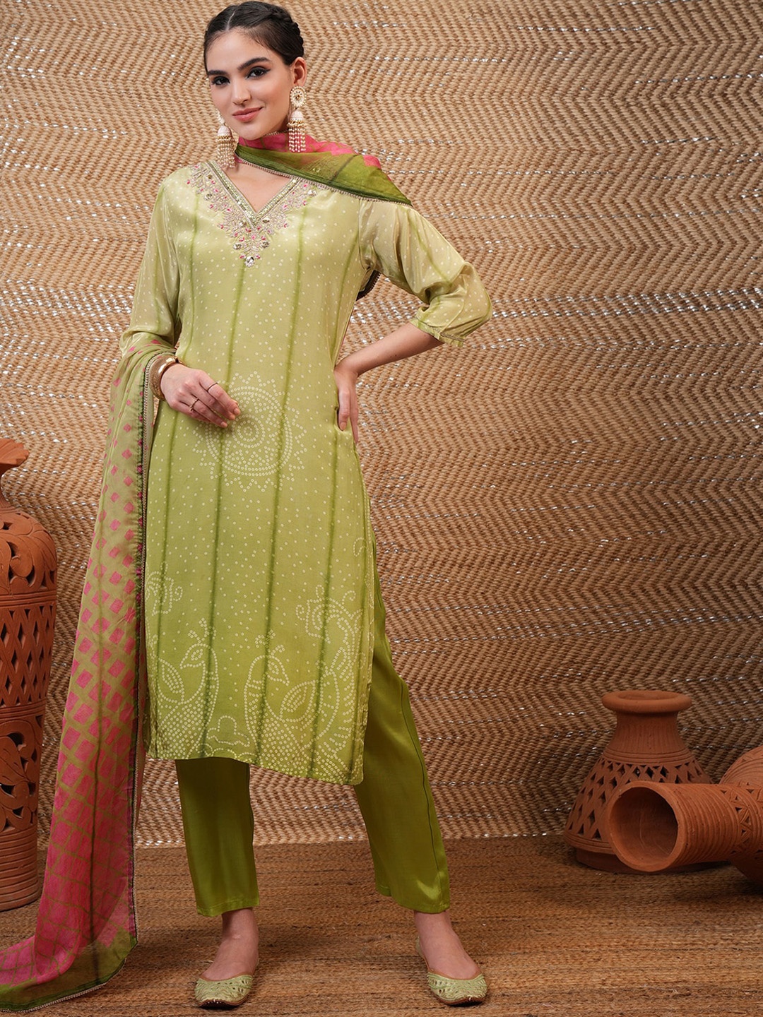

Vishudh Green Floral Embroidered Mirror Work Straight Kurta & Trousers With Dupatta
