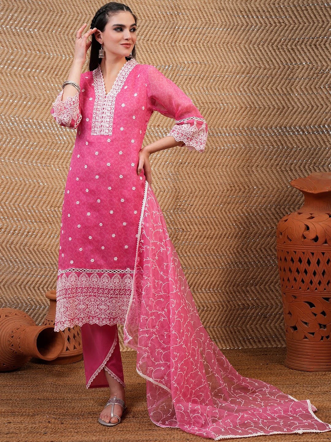 

Vishudh Floral Embroidered Regular Kurta with Trouser & Dupatta, Pink