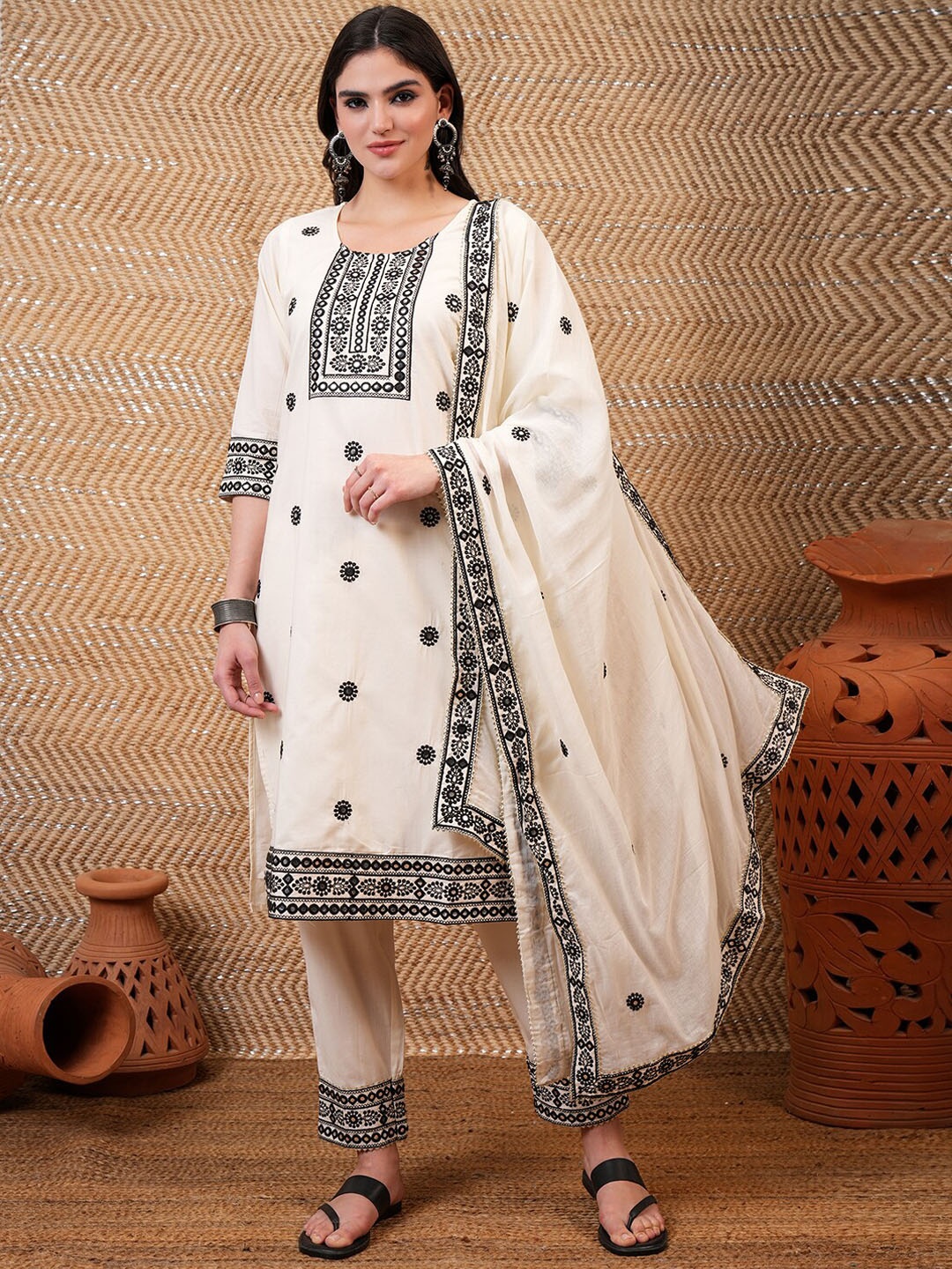 

Vishudh White Ethnic Motifs Embroidered Pure Cotton Straight Kurta & Trousers With Dupatta, Off white