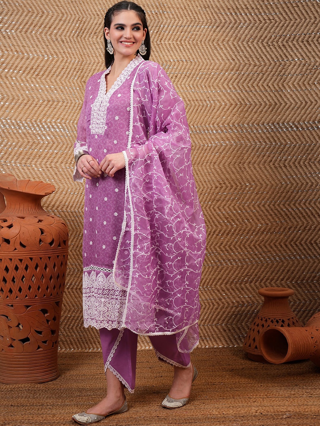 

Vishudh Purple Floral Embroidered Straight Kurta & Trousers With Dupatta
