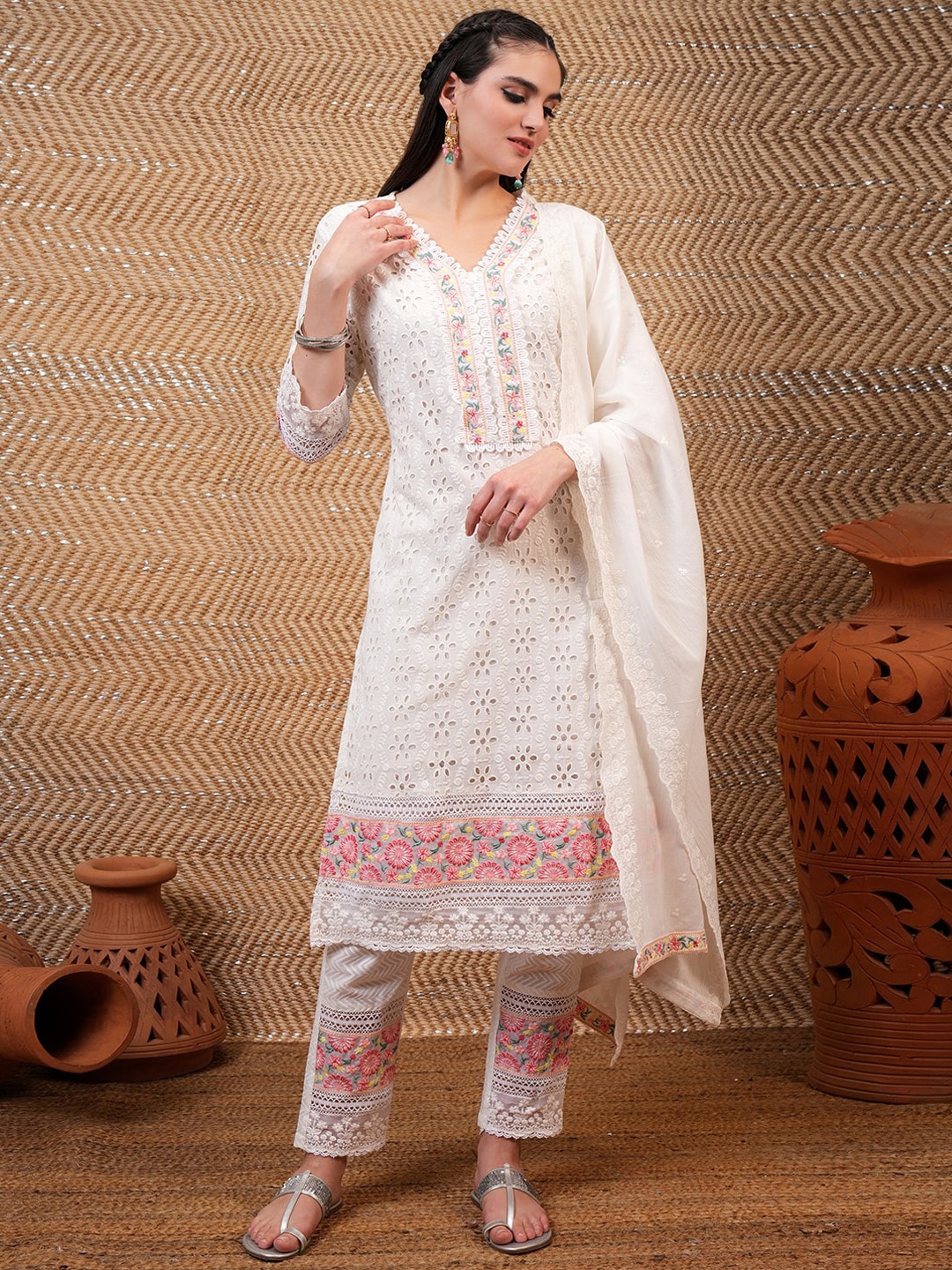 

Vishudh Embroidered Thread Work Schiffli Work Cotton Kurta With Trousers & Dupatta, White