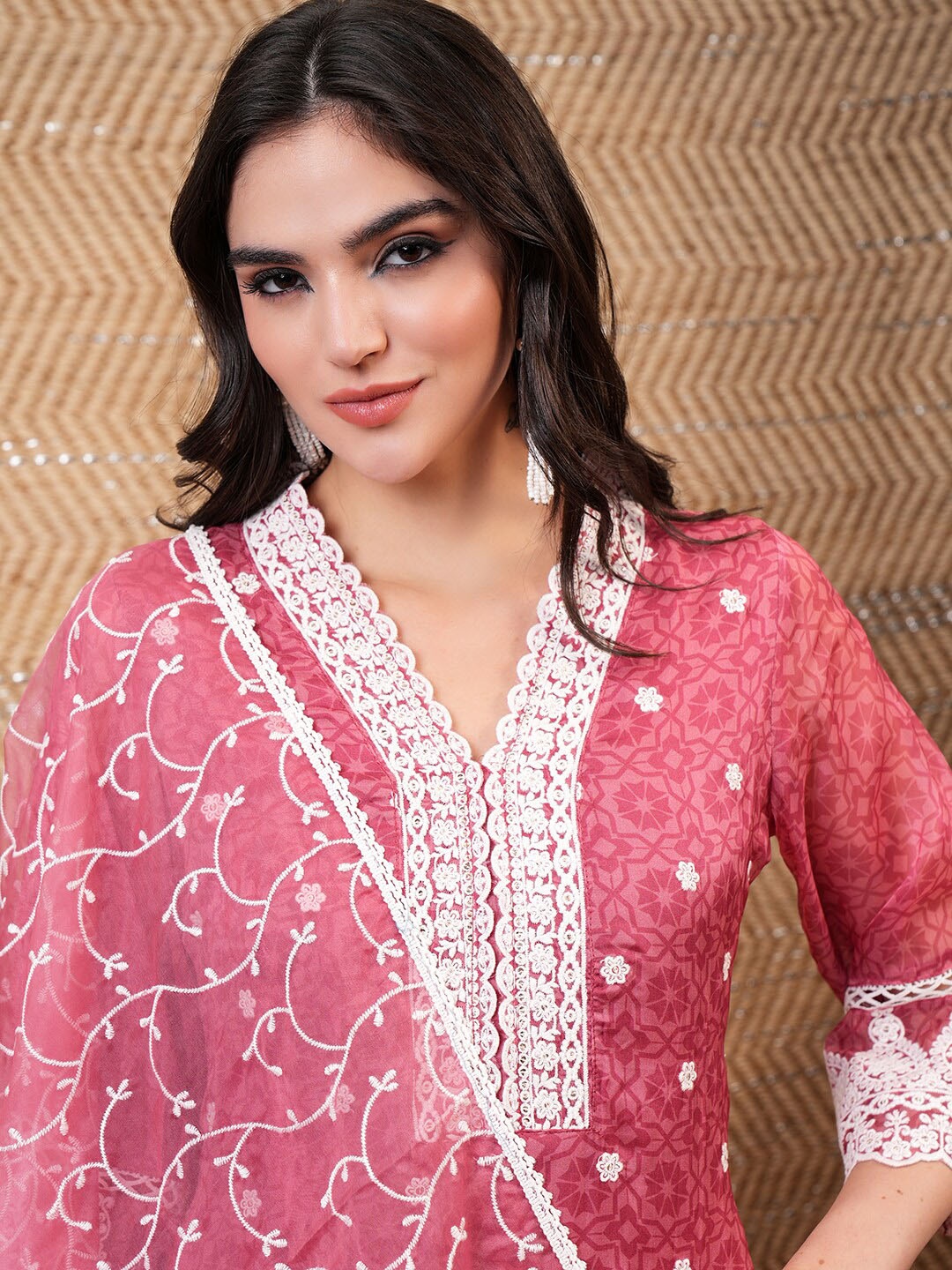 

Vishudh Rose Floral Embroidered Straight Kurta & Trousers With Dupatta