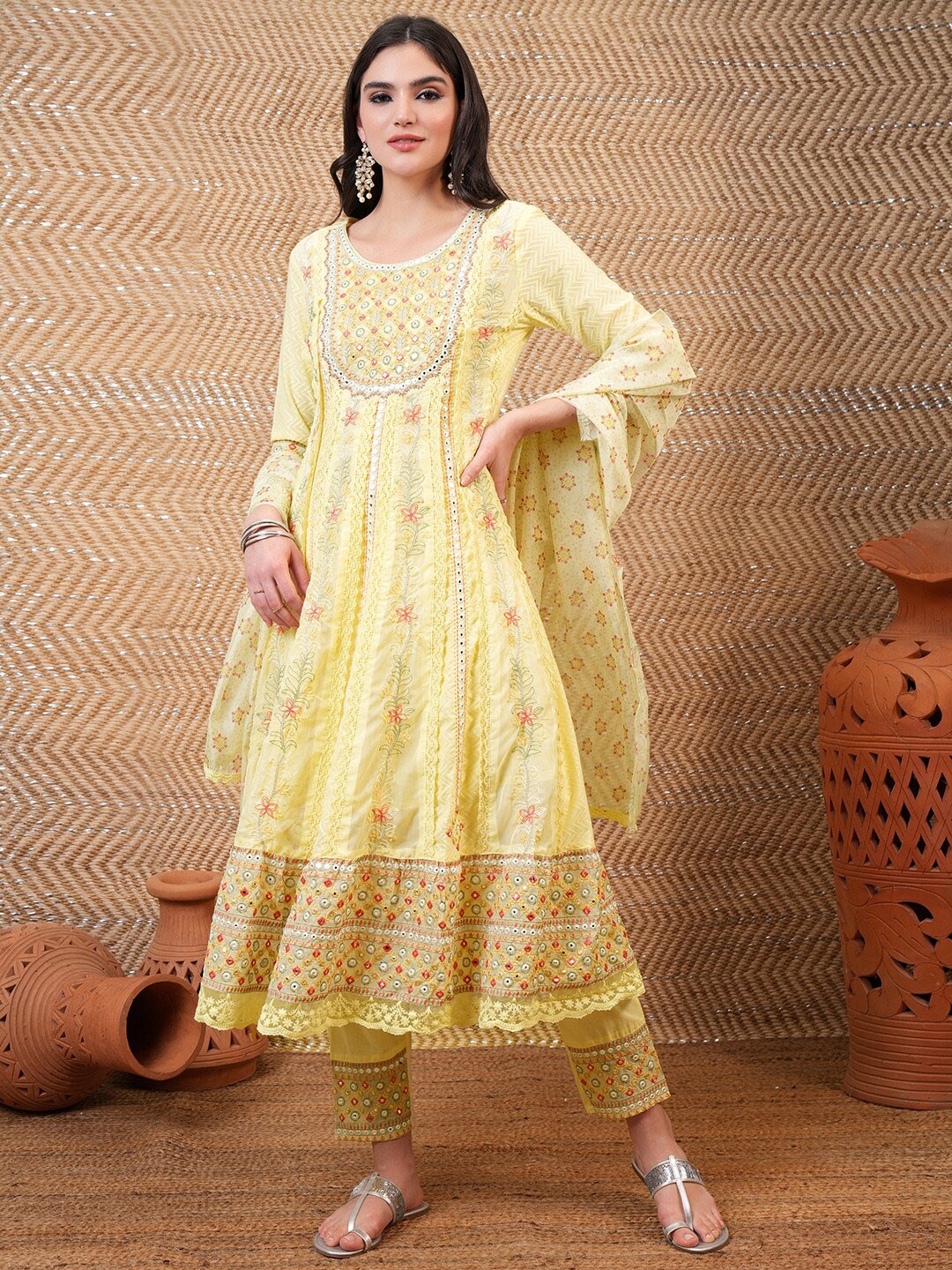 

Vishudh Yellow Floral Embroidered Pure Cotton Anarkali Kurta With Trousers & Dupatta