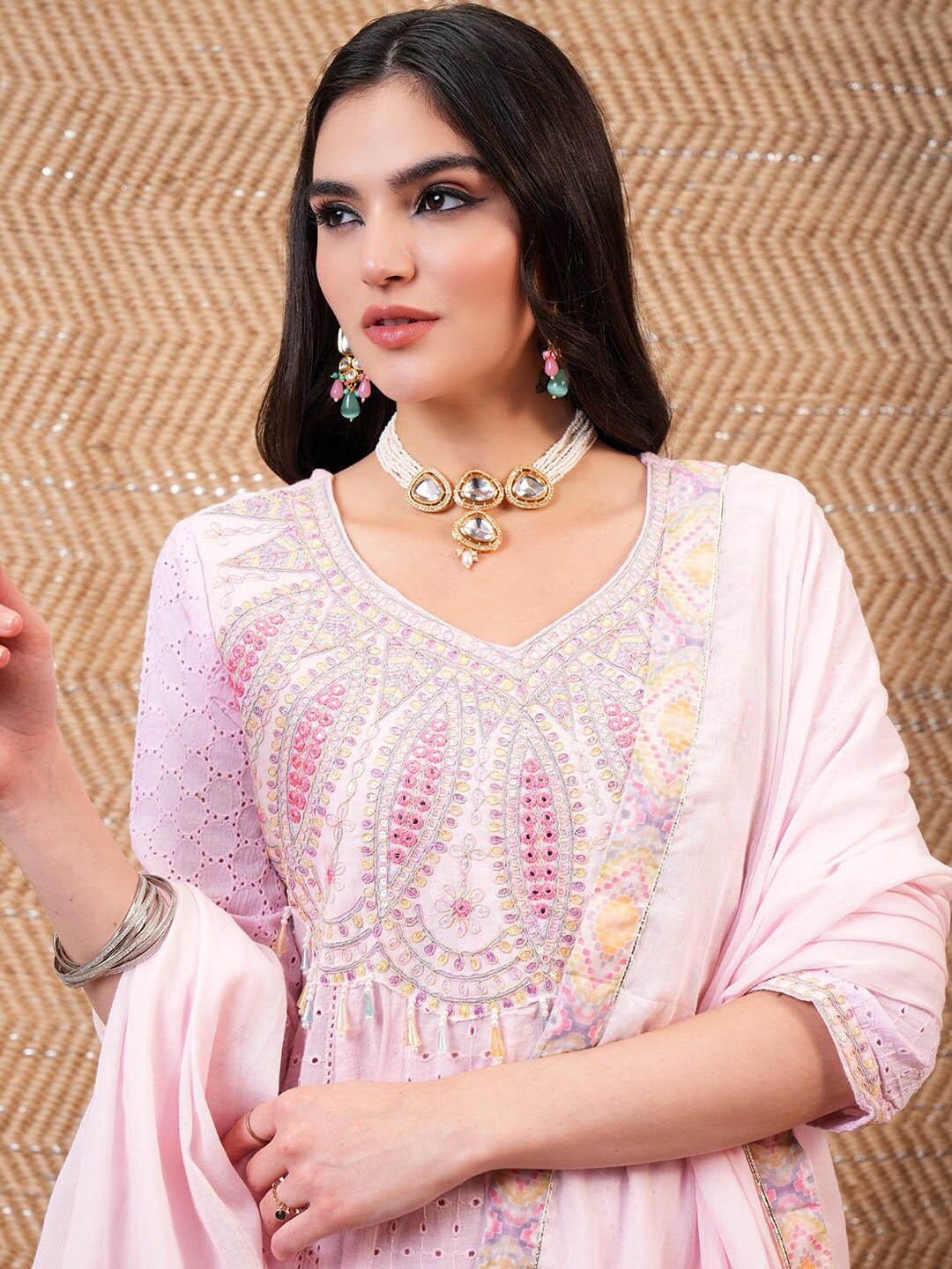 

Vishudh Floral Embroidered Regular Thread Work Pure Cotton Kurta with Trousers & Dupatta, Pink