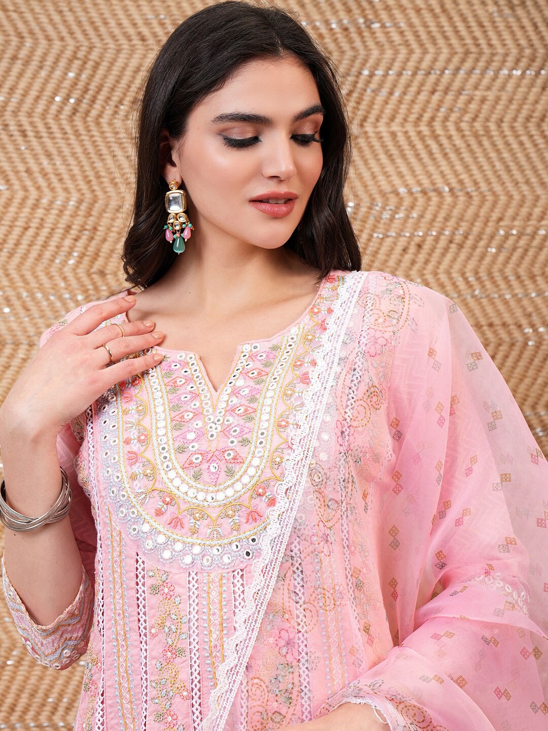 

Vishudh Pink Floral Embroidered Pure Cotton A-Line Kurta With Trousers & Dupatta
