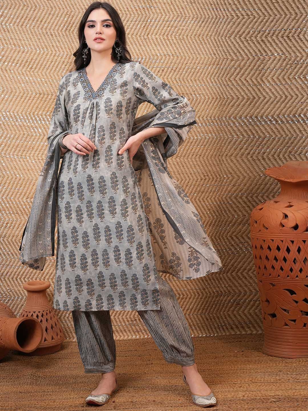 

Vishudh Grey Floral Printed Mirror Work Pleated Straight Kurta With Salwar & Dupatta