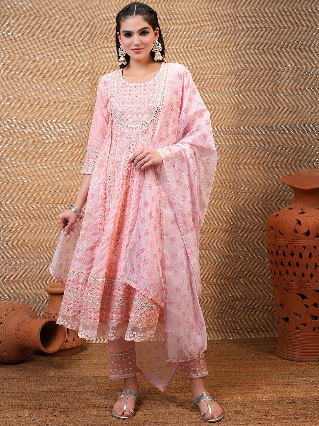 

Vishudh Pink Floral Embroidered Pure Cotton Anarkali Kurta & Trousers & With Dupatta