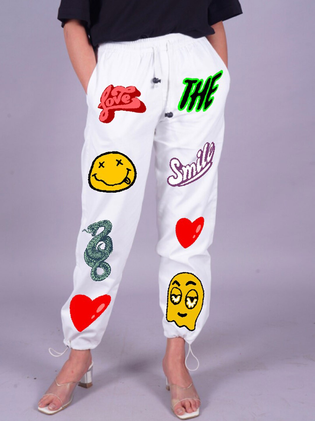

VYVE Women Printed Relaxed Cotton Joggers Trouser, White