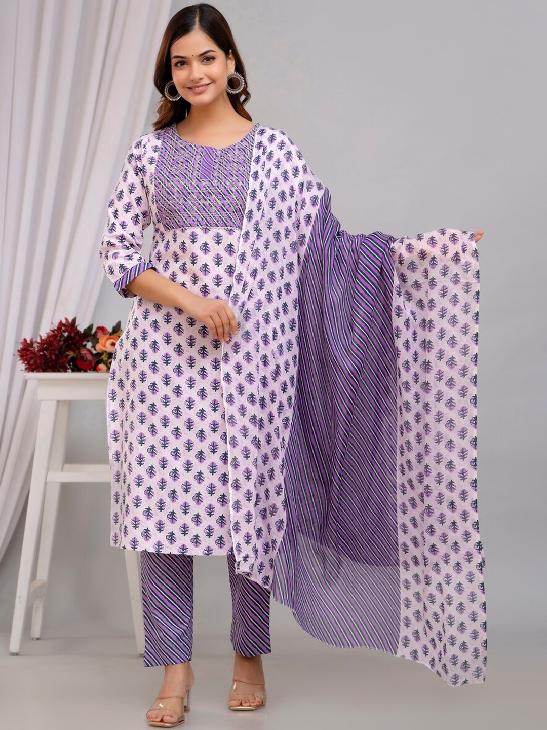 

D K W Floral Embroidered Regular Thread Work Pure Cotton Kurta With Trousers & Dupatta, Purple
