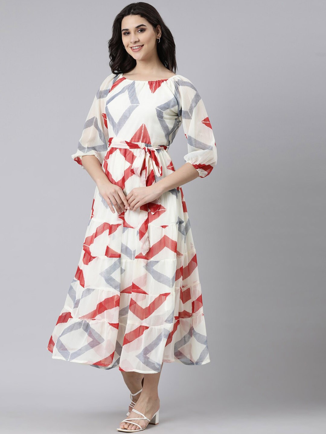

Souchii Geometric Printed Boat Neck Midi Ethnic Dresses, Cream
