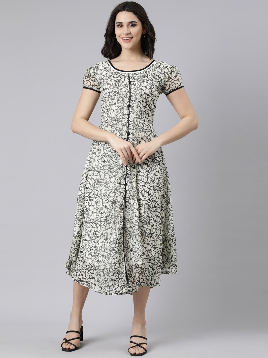 

Souchii Floral Printed Round Neck A-Line Chiffon Midi Ethnic Dresses, White