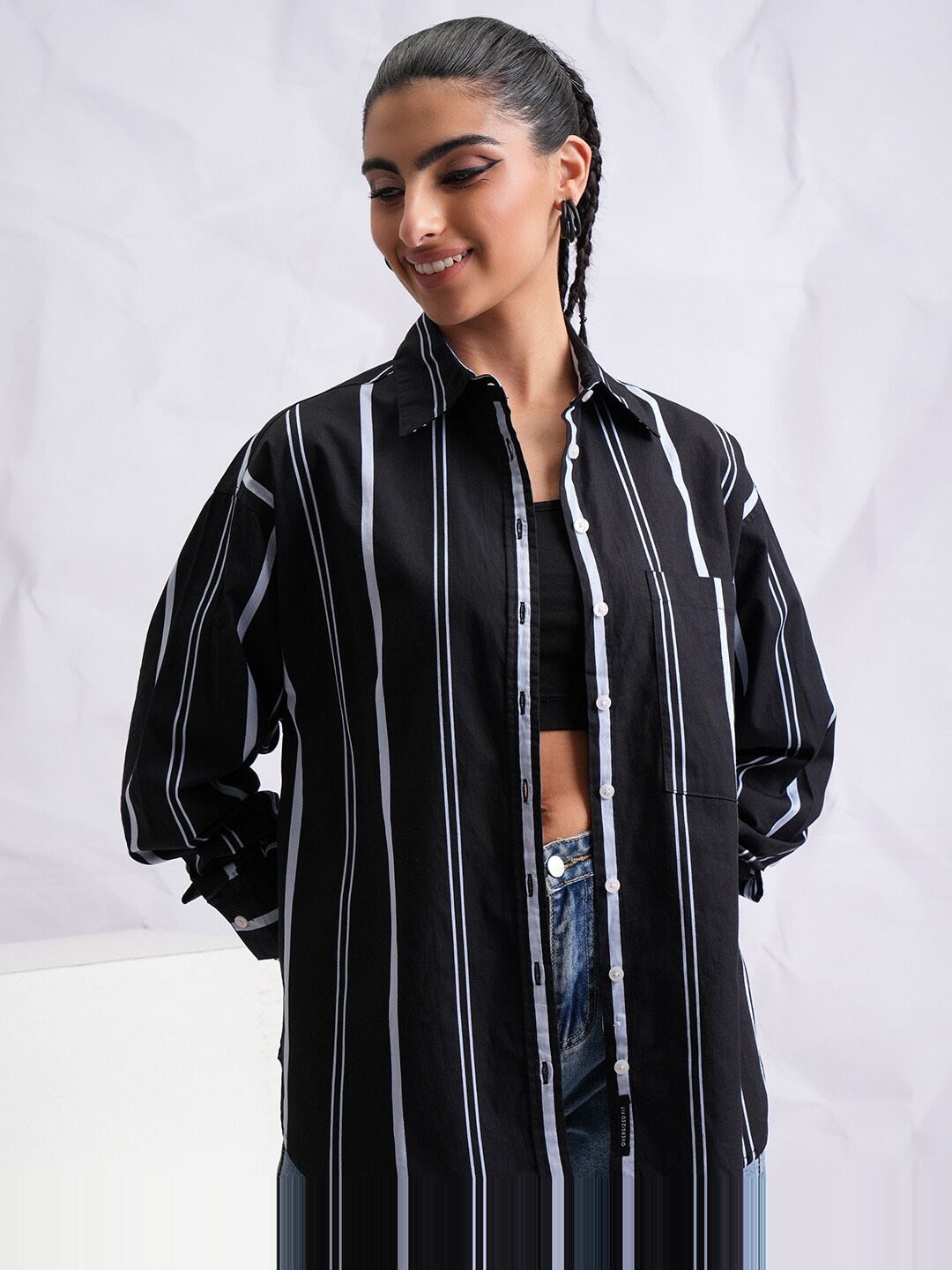 

Tokyo Talkies Women Striped Oversize Boyfriend Fit Overshirt, Black