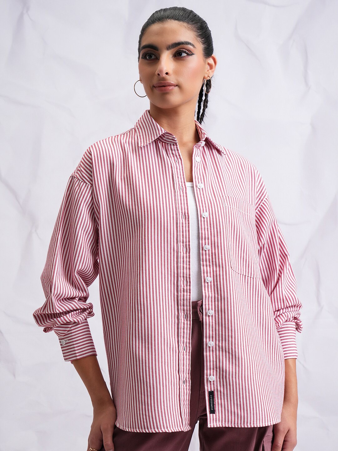 

Tokyo Talkies Red Spread Collar Striped Casual Cotton Shirt