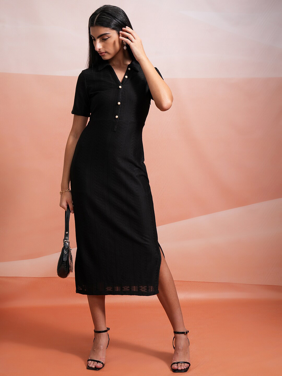 

Tokyo Talkies Black Shirt Collar Sheath Midi Dress
