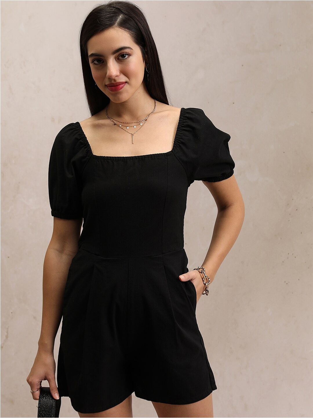 

Tokyo Talkies Black Square Neck Cotton Playsuit