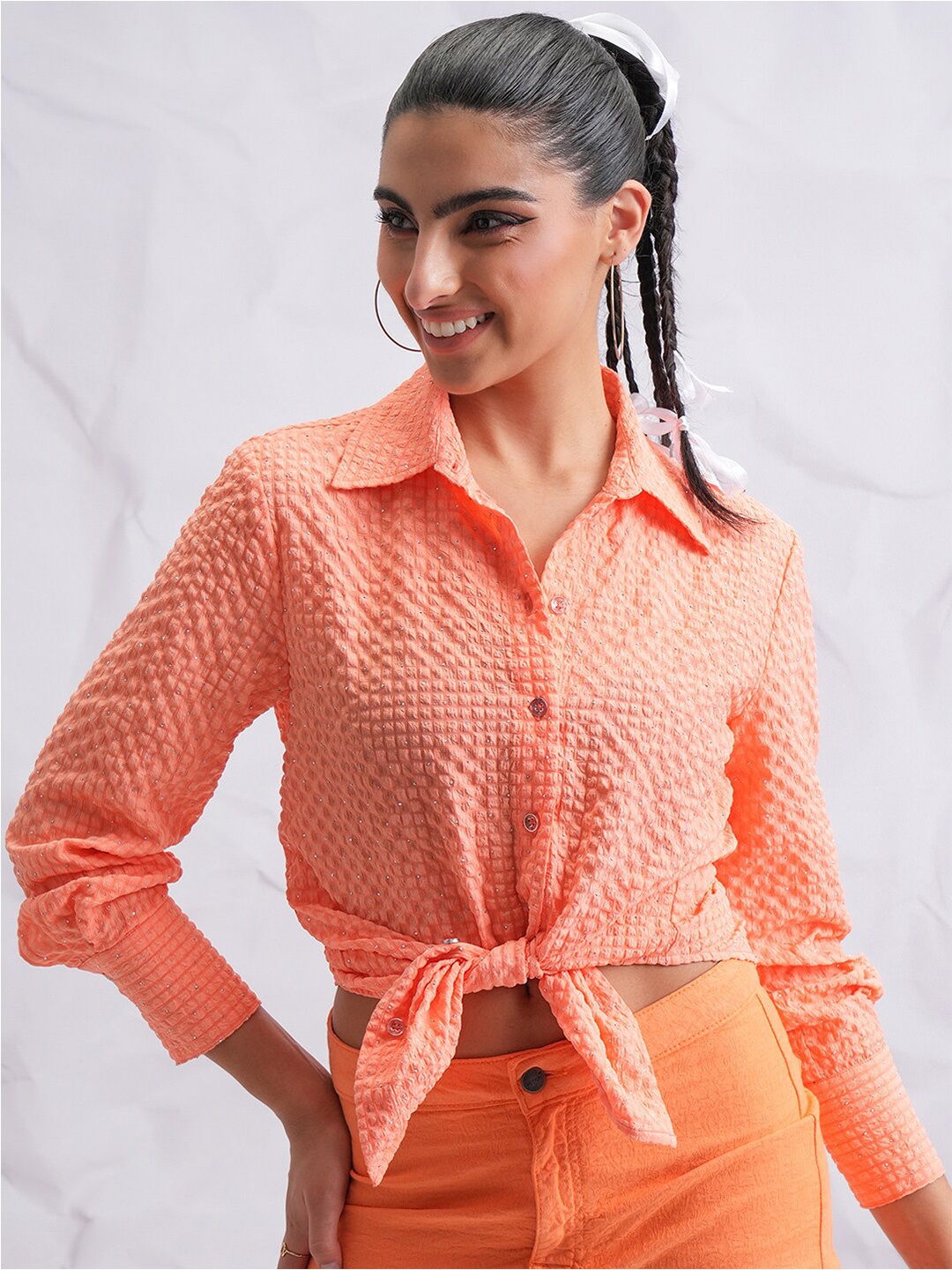 

Tokyo Talkies Textured Embellished Button-down Shirt, Peach