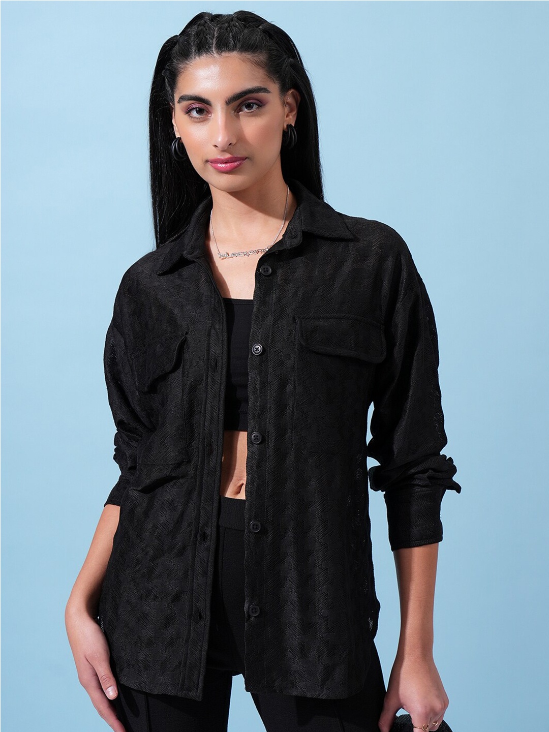 

Tokyo Talkies Women Loose Drop Shoulder Crochet Shirt, Black