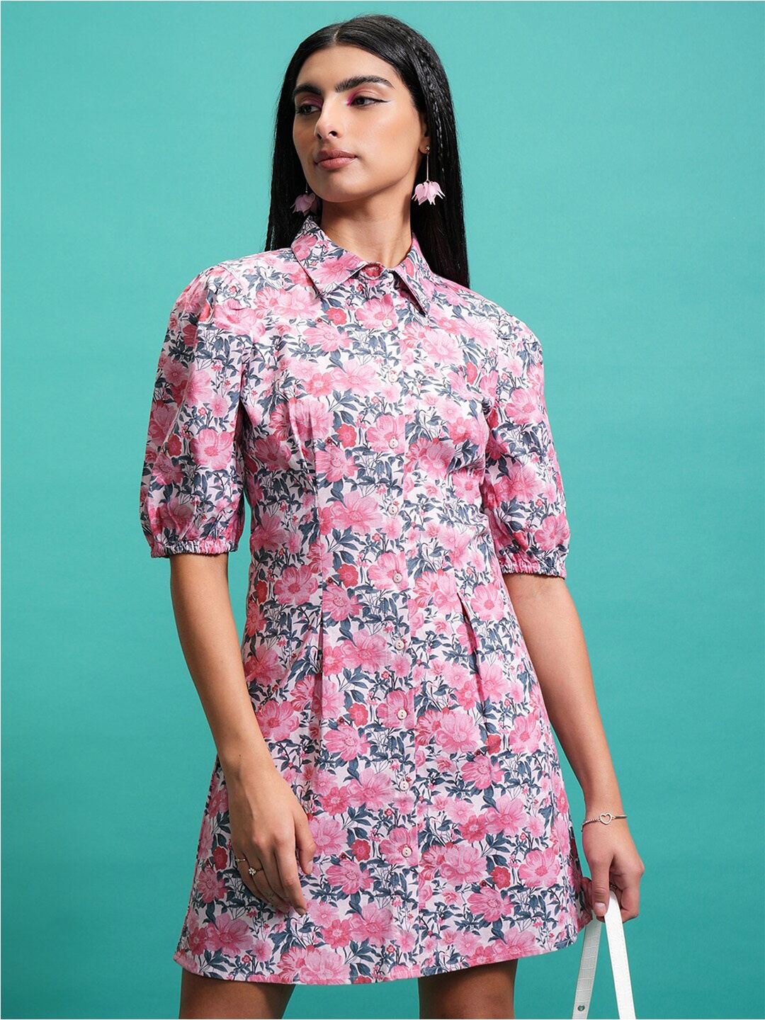 

Tokyo Talkies Pink Floral Printed Cotton Shirt Dress