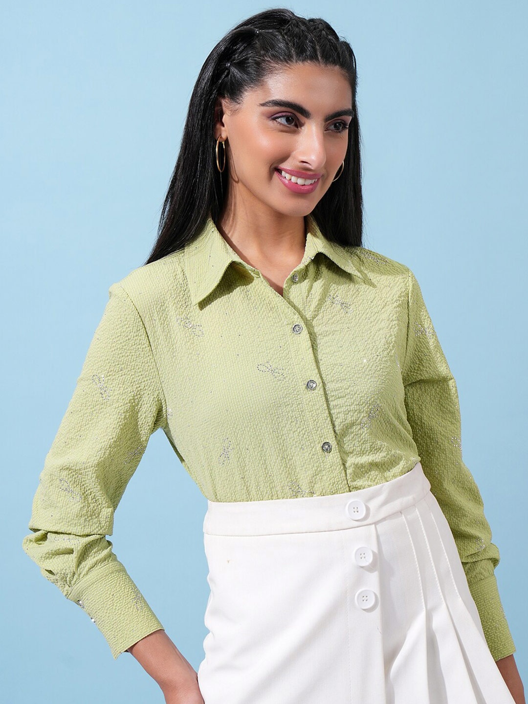 

Tokyo Talkies Green Spread Collar Casual Shirt