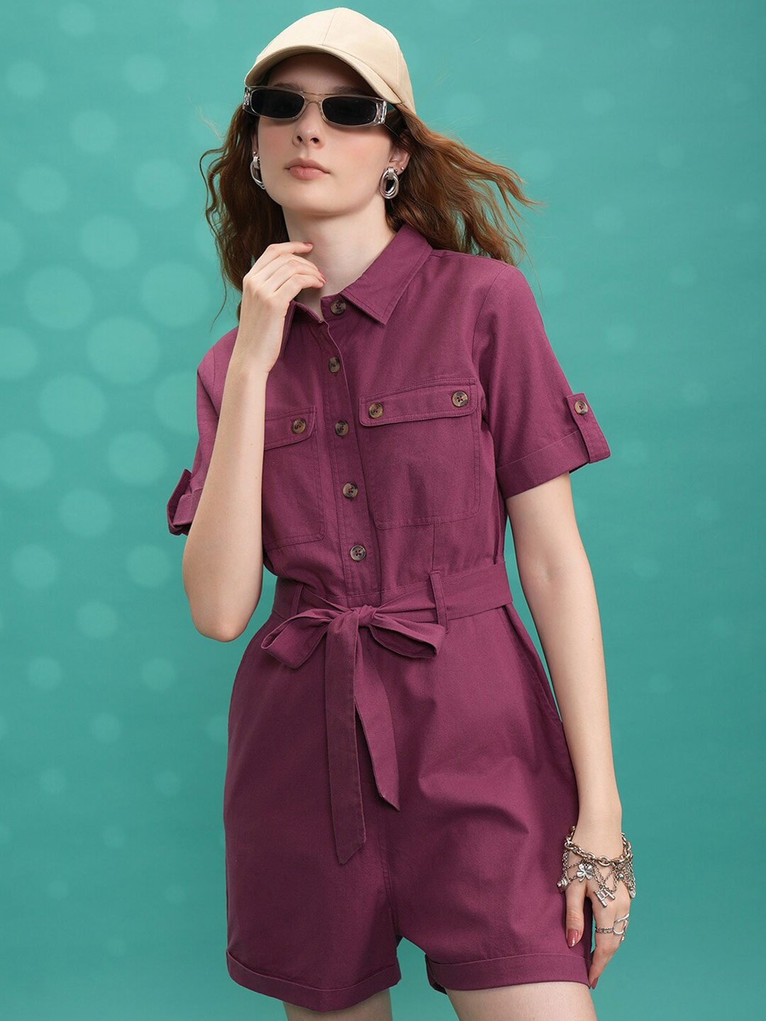 

Tokyo Talkies Magenta Shirt Collar Cotton Playsuit