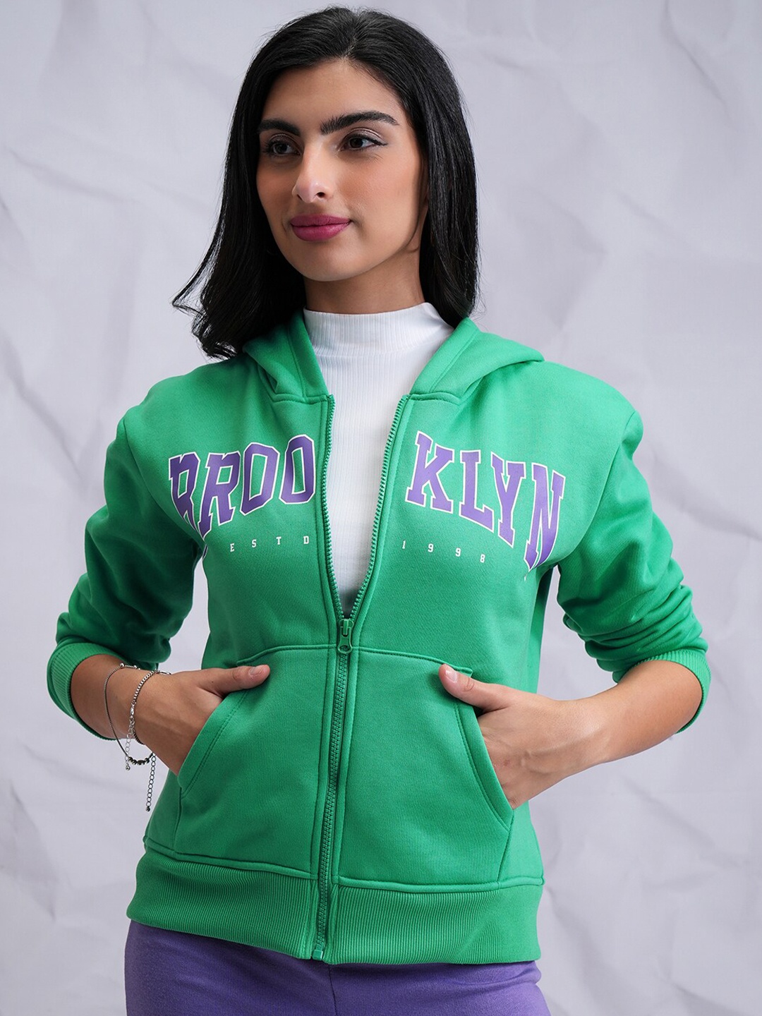 

Tokyo Talkies Green Typography Printed Hooded Front-Open Sweatshirt