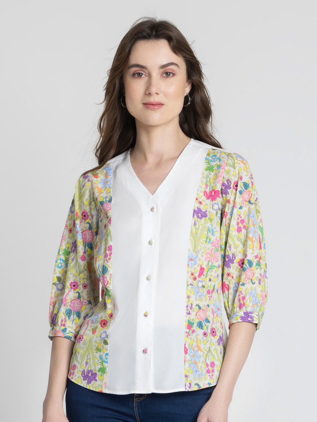 

SHAYE Floral Print Puff Sleeve Crepe Shirt Style Top, White