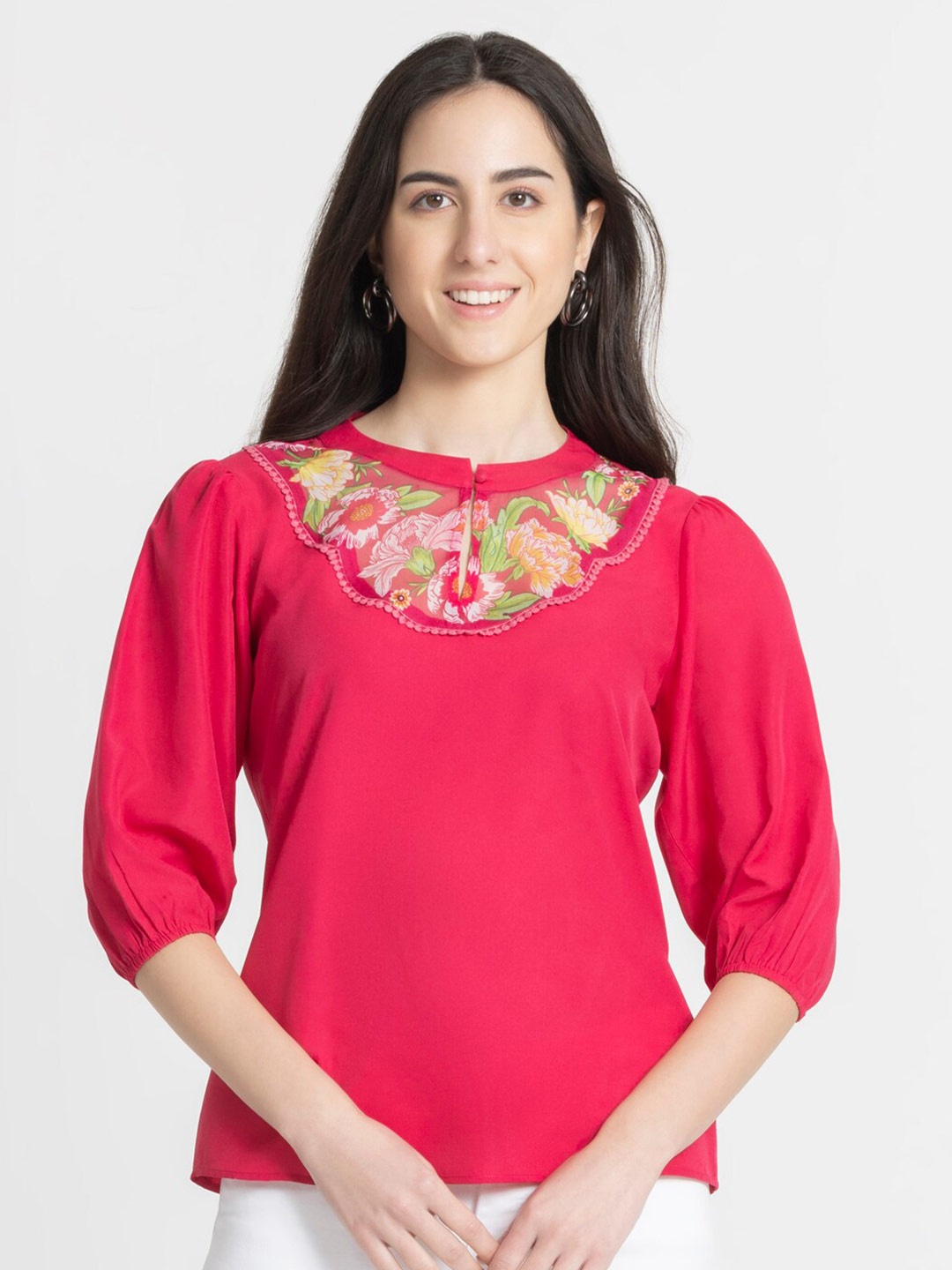 

SHAYE Floral Printed Puff Sleeve Regular Top, Pink