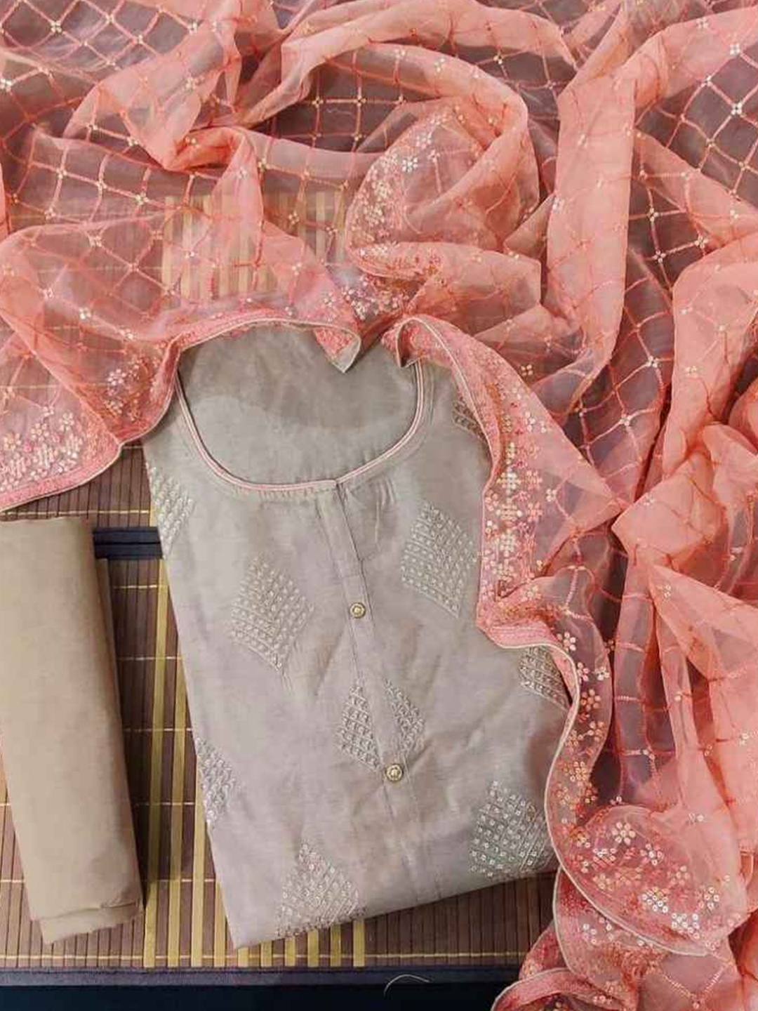 

faxofab Embroidered Unstitched Dress Material, Beige