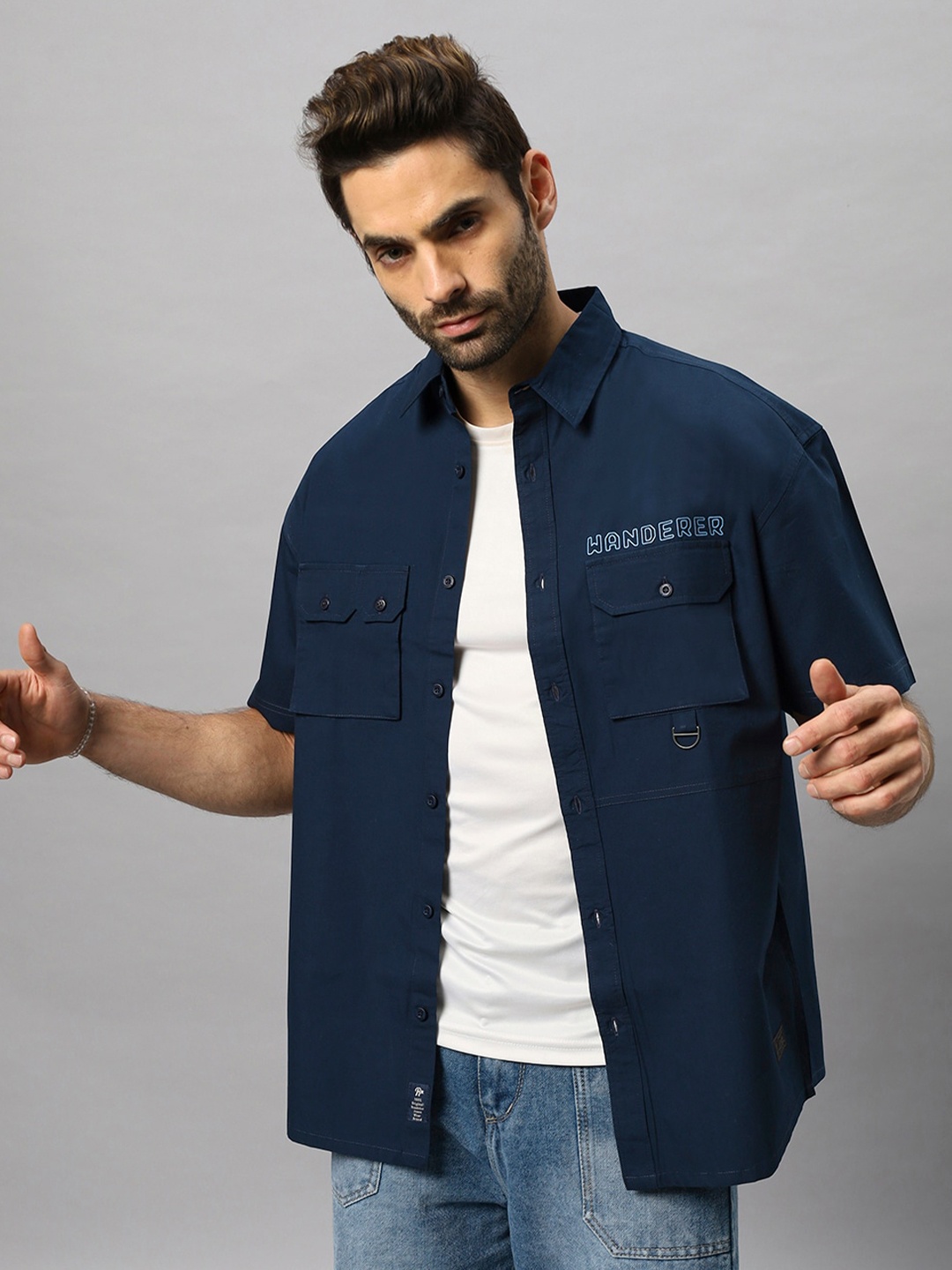 

The Roadster Lifestyle Co. Relaxed Opaque Graphic Printed Pure Cotton Shacket, Navy blue