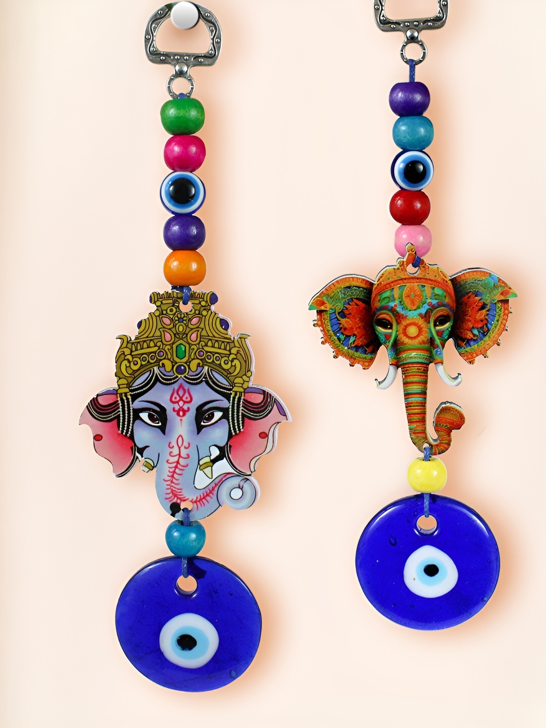 

TIED RIBBONS 2 Pieces Blue & Green Metal Ganesha Evil Eye Hanging Wall Decor