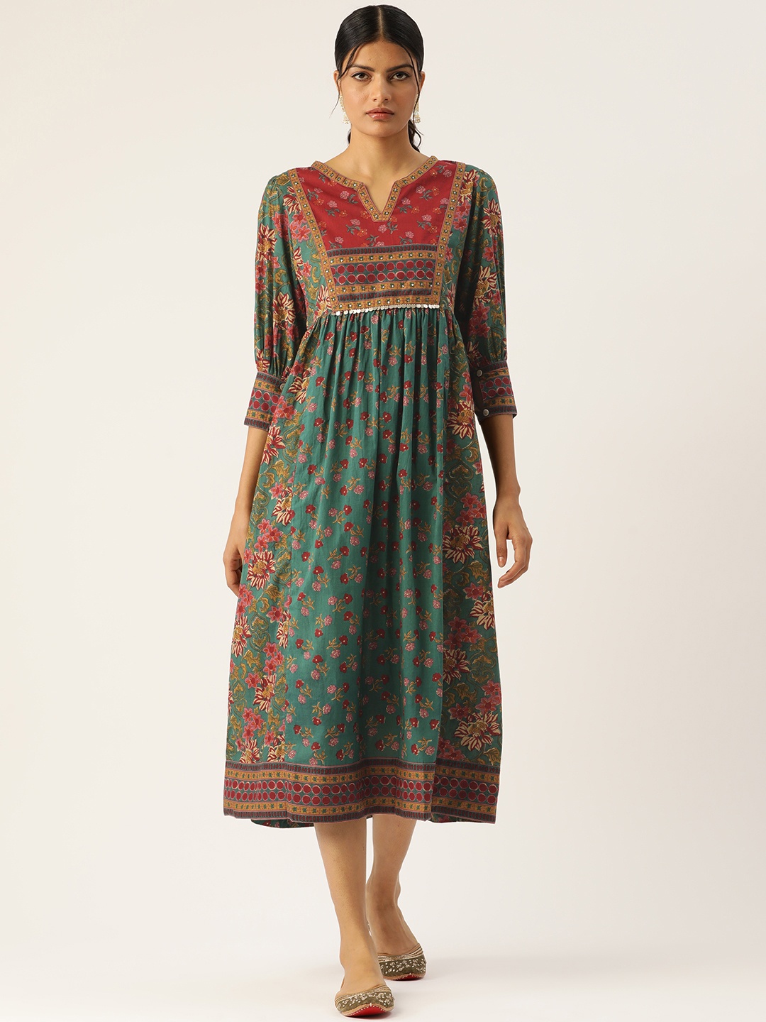 

Jaipur Morni Floral Print A-Line Cotton Midi Dress, Green