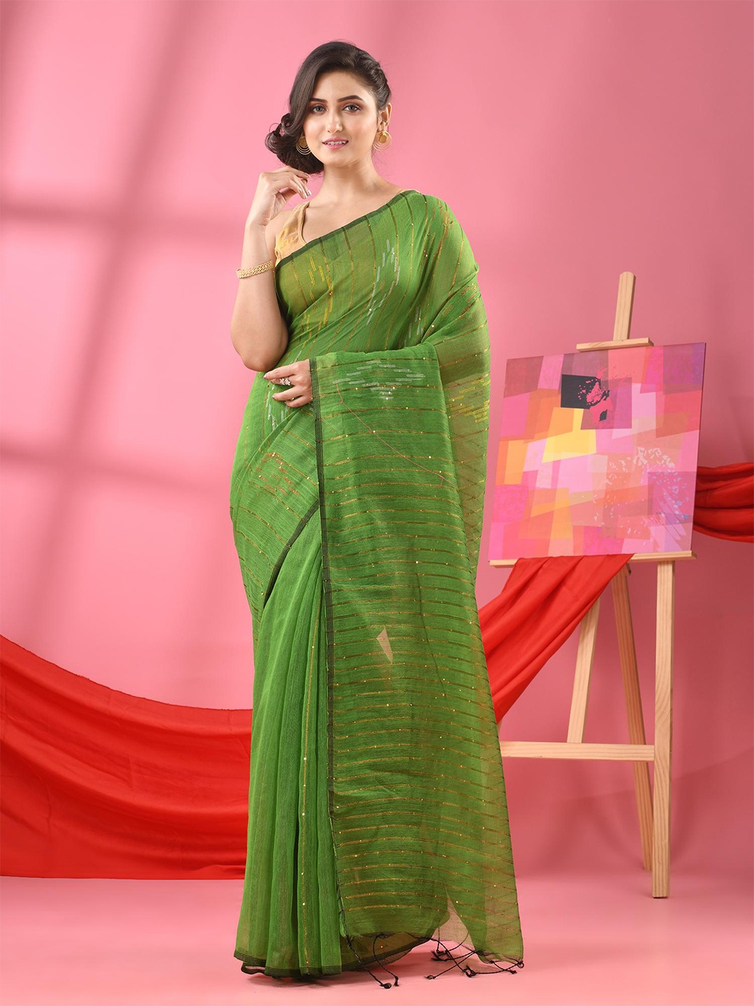 

Angoshobha Striped Zari Saree, Green