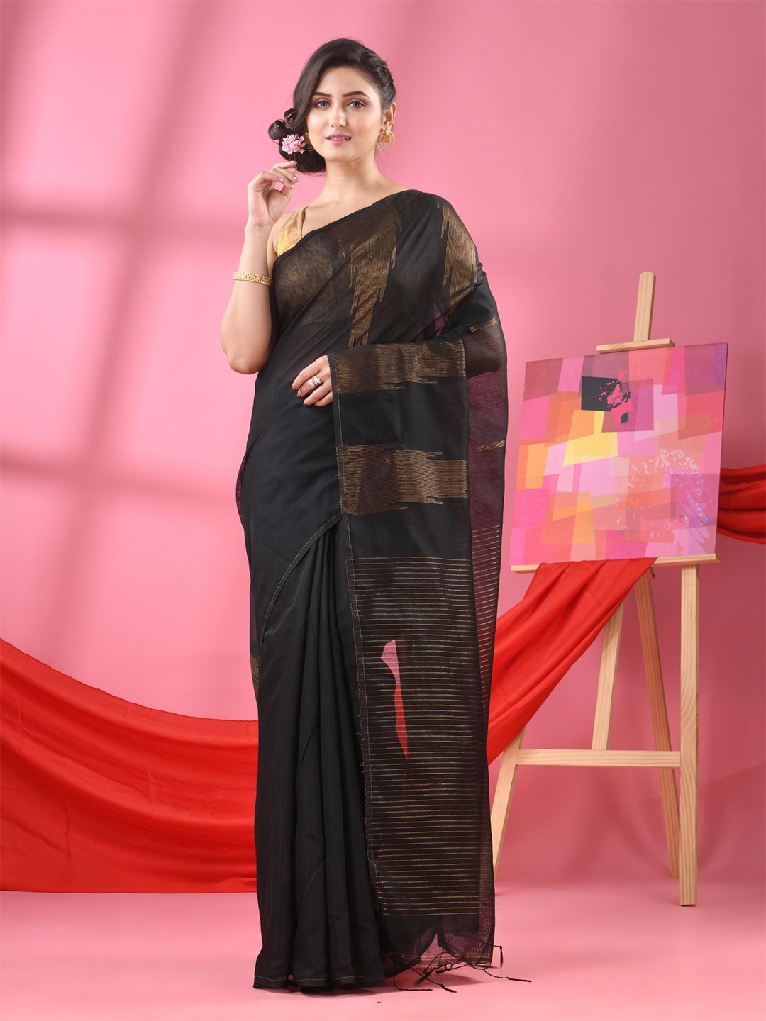

Angoshobha Striped Saree, Black