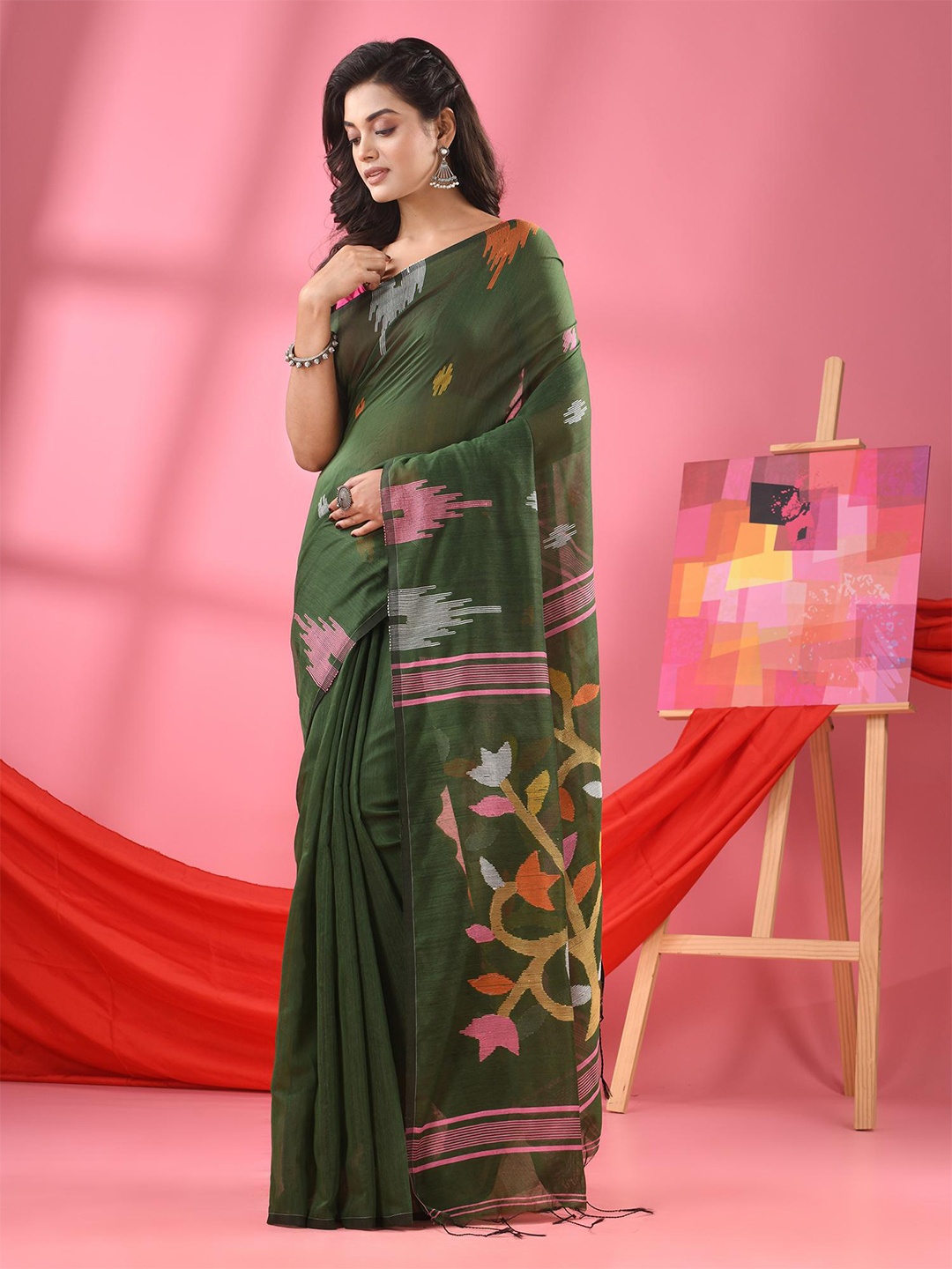 

Angoshobha Floral Woven Design Jamdani Saree, Green