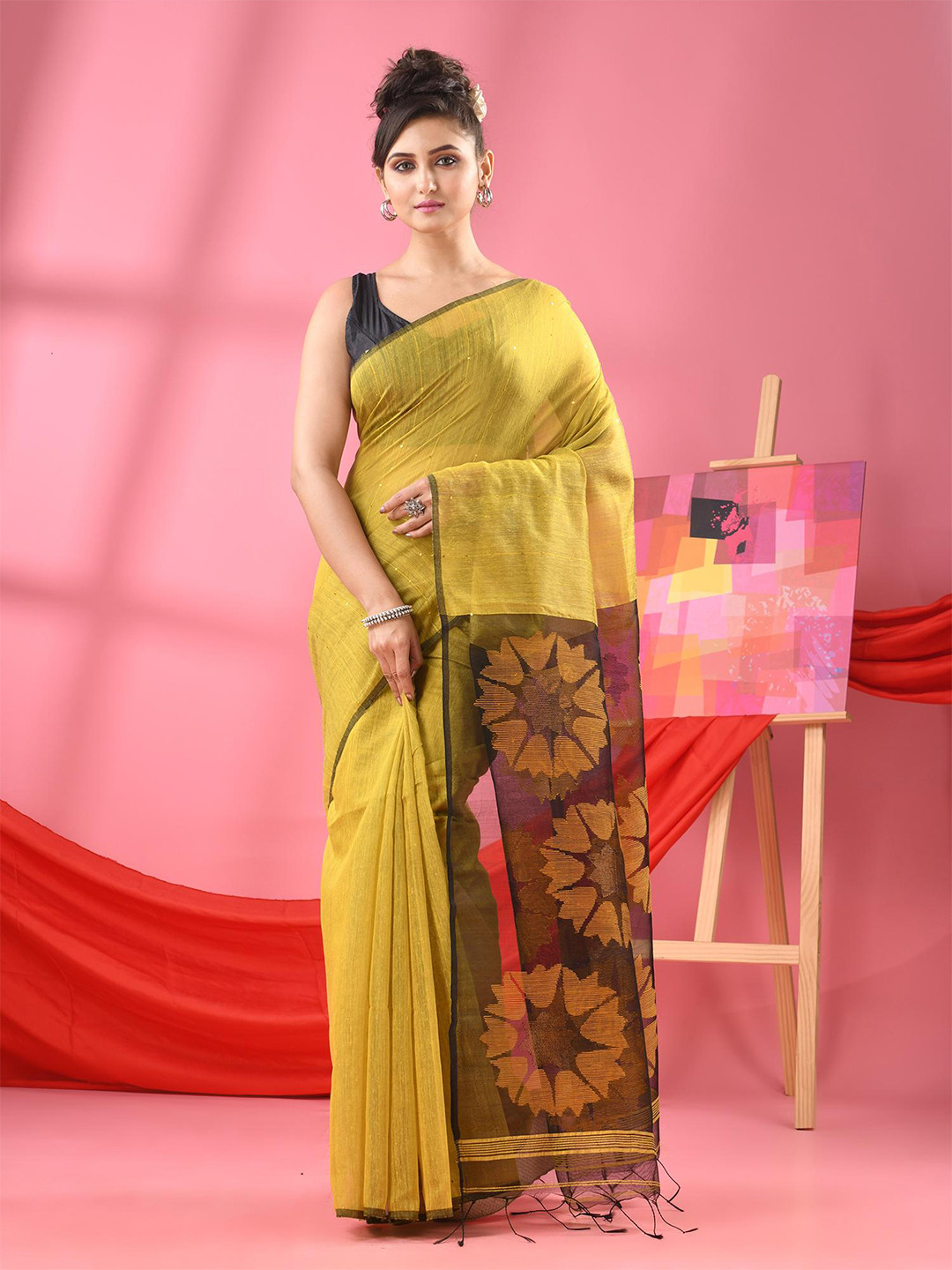 

Angoshobha Ethnic Motifs Woven Design Jamdani Saree, Green