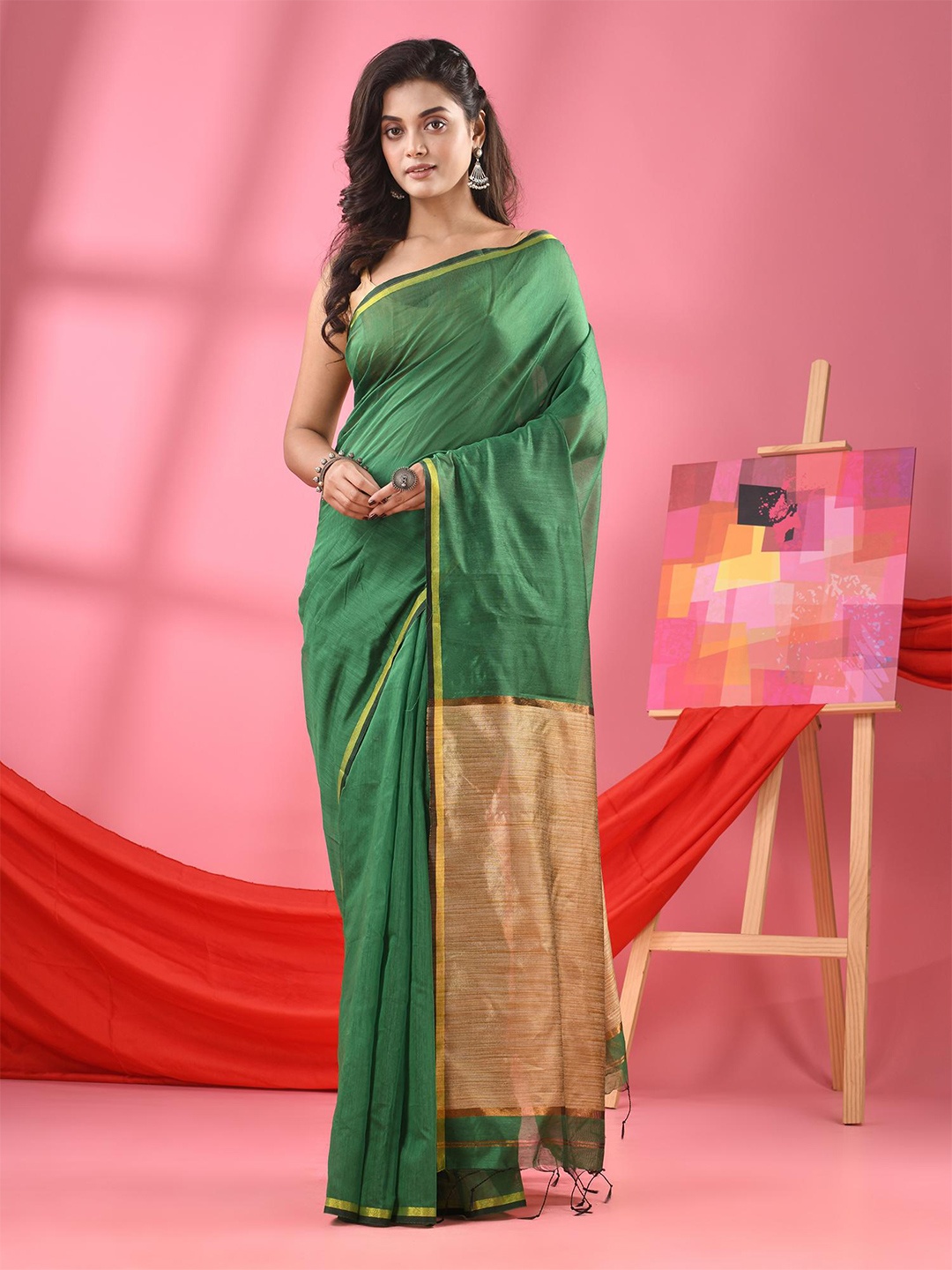 

Angoshobha Solid Zari Saree, Green