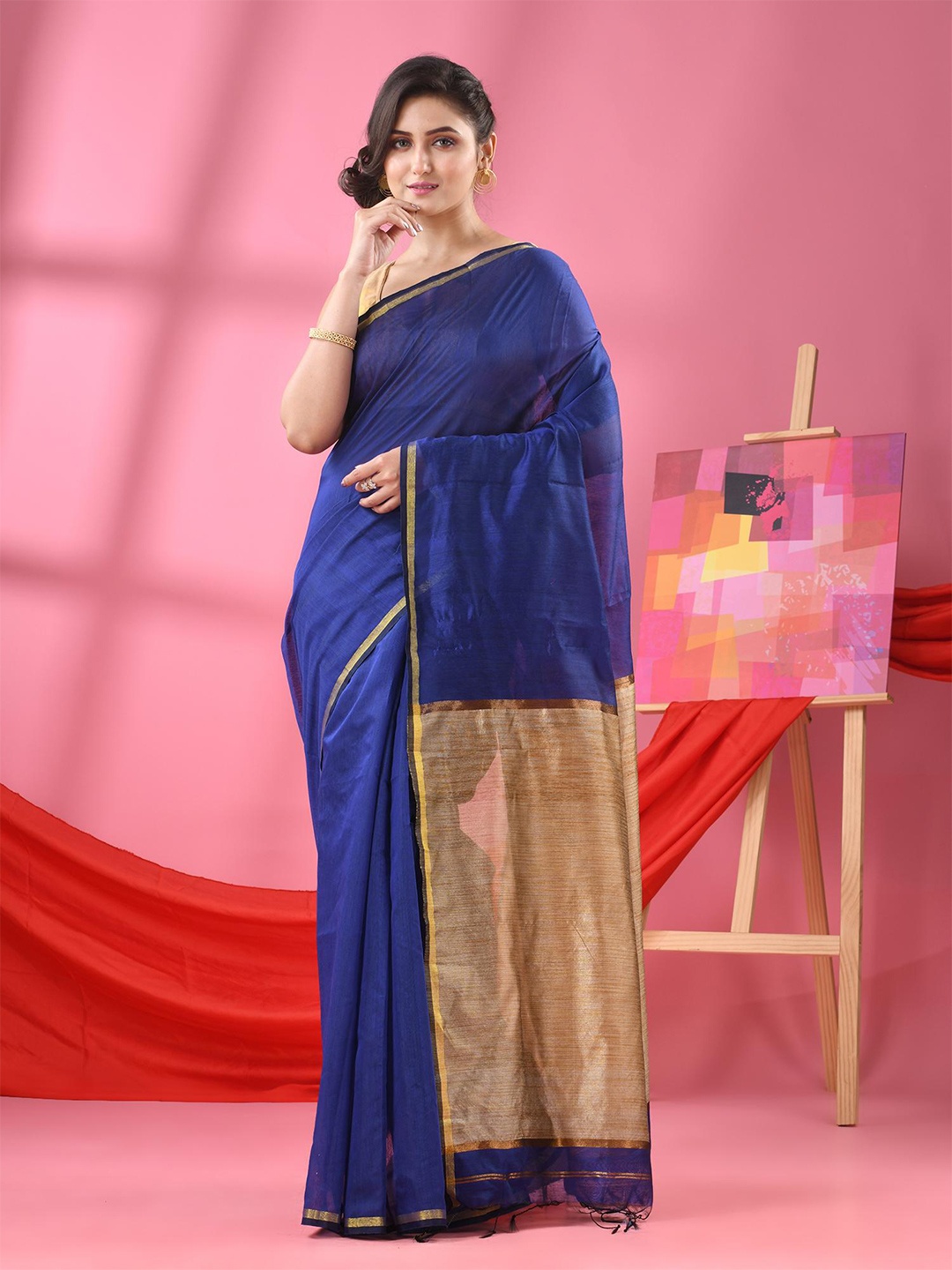 

Angoshobha Solid Zari Saree, Blue