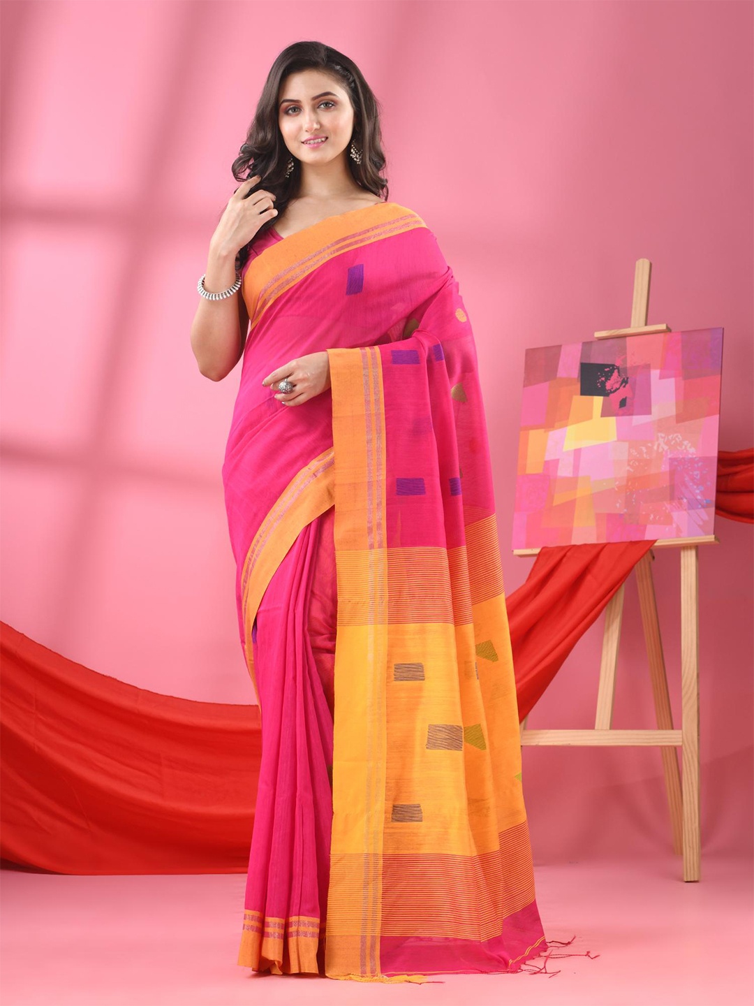 

Angoshobha Geometric Woven Design Handloom Saree, Pink